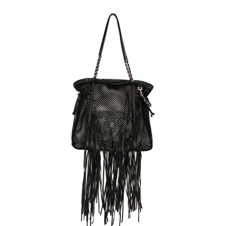 Chanel Limited Edition Resort Fringe Mesh Black Leather Large Tote Rare Soldout For Sale 2