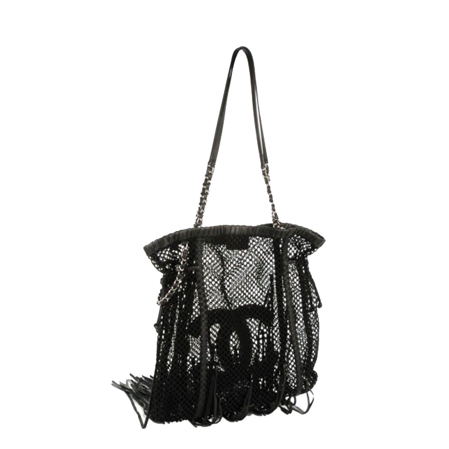 Women's or Men's Chanel Limited Edition Resort Fringe Mesh Black Leather Large Tote Rare Soldout For Sale