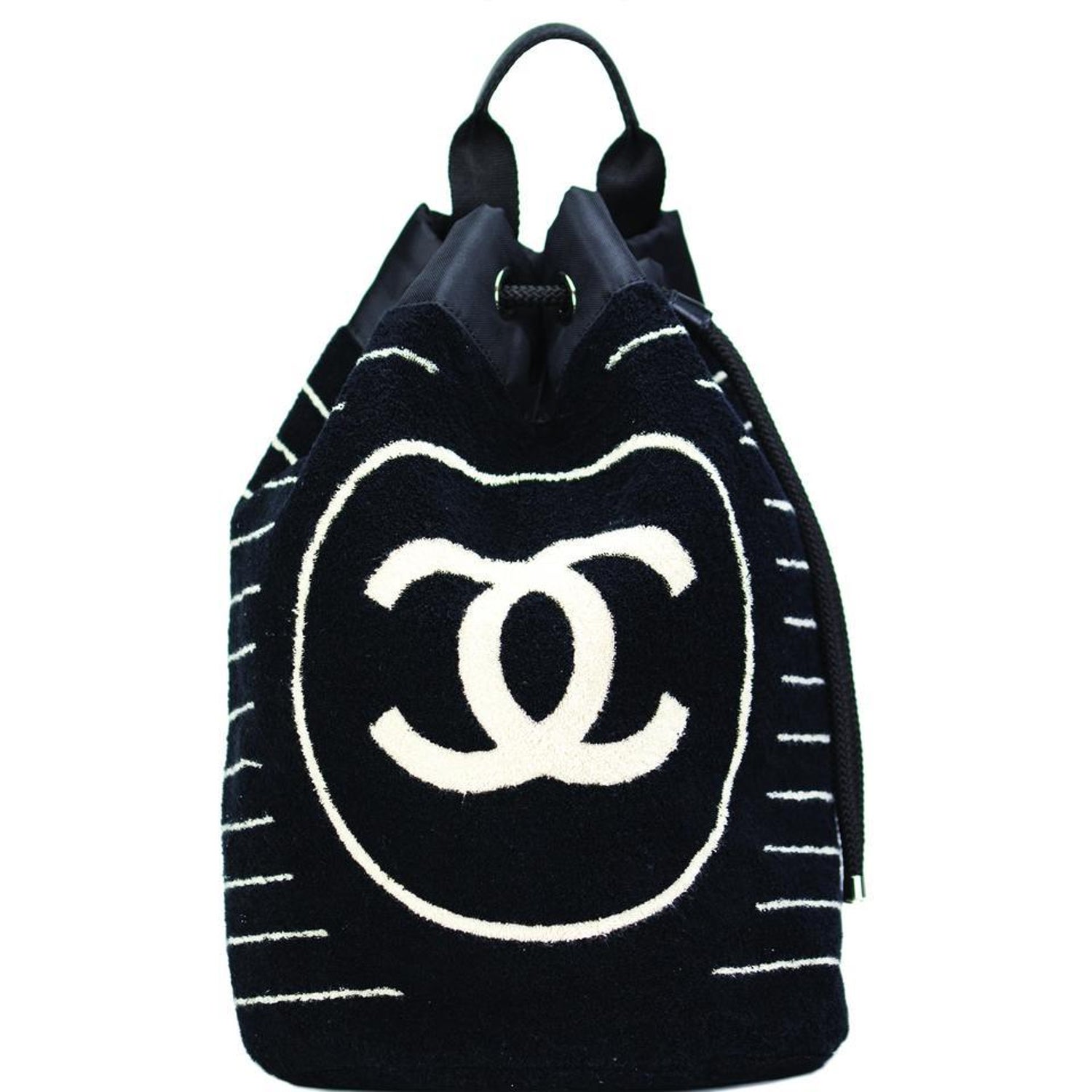 Chanel Rare Navy Blue Striped Beach Towel Terry Cloth Bag