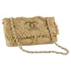 Vintage Chanel 2009 Small Sized Beige Tweed Fringe Organic Crochet Nature Flap Bag