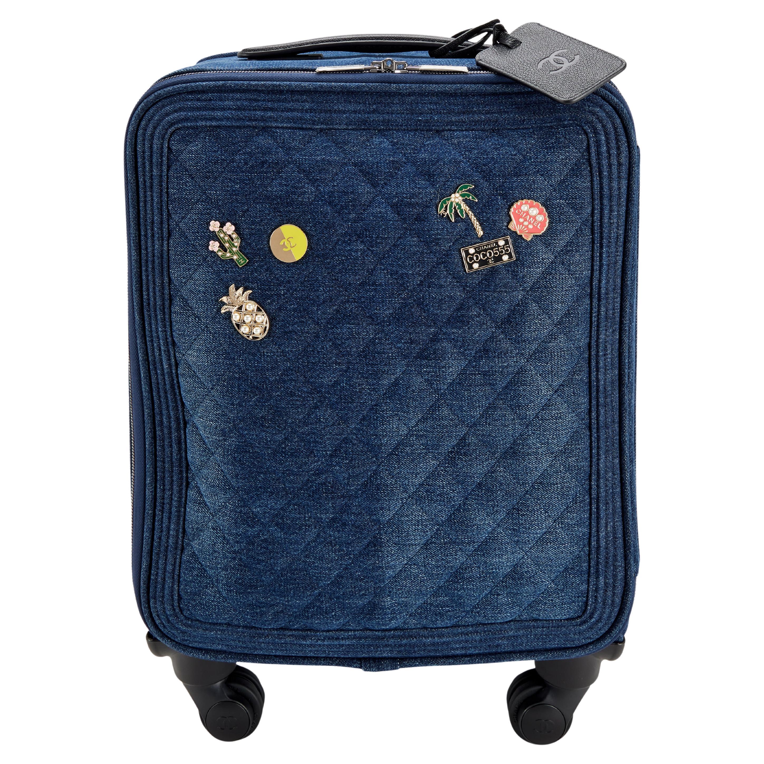 Chanel Coco Charm Denim Jean Trolley Travel Luggage Rolling Carry On Bag