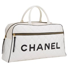 Chanel Limited Edition Vintage Duffel Tote White and Black Leather Weekend Bag