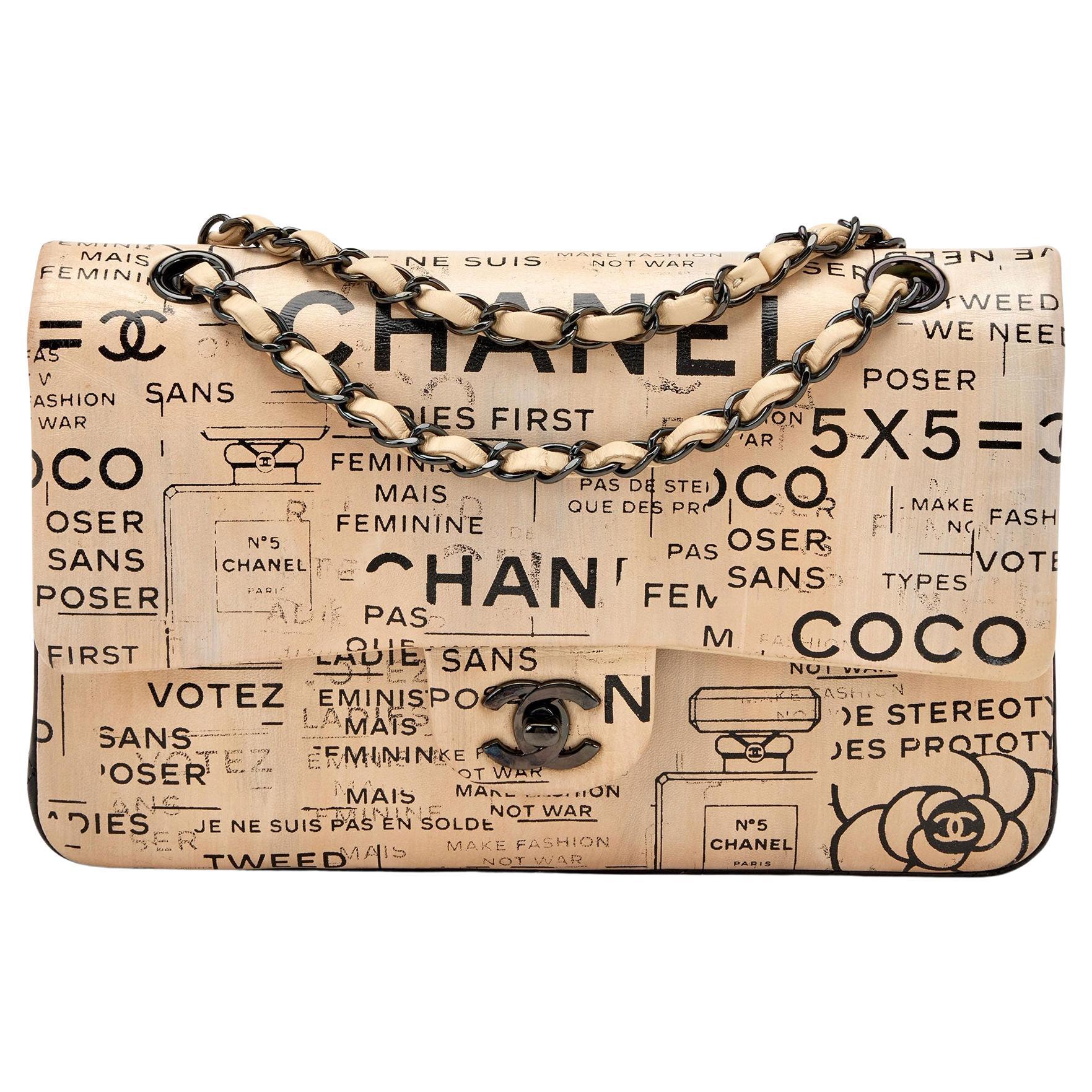 Chanel 2016 Classic Flap Graffiti Limited Edition Runway Newspaper Shoulder Bag For Sale