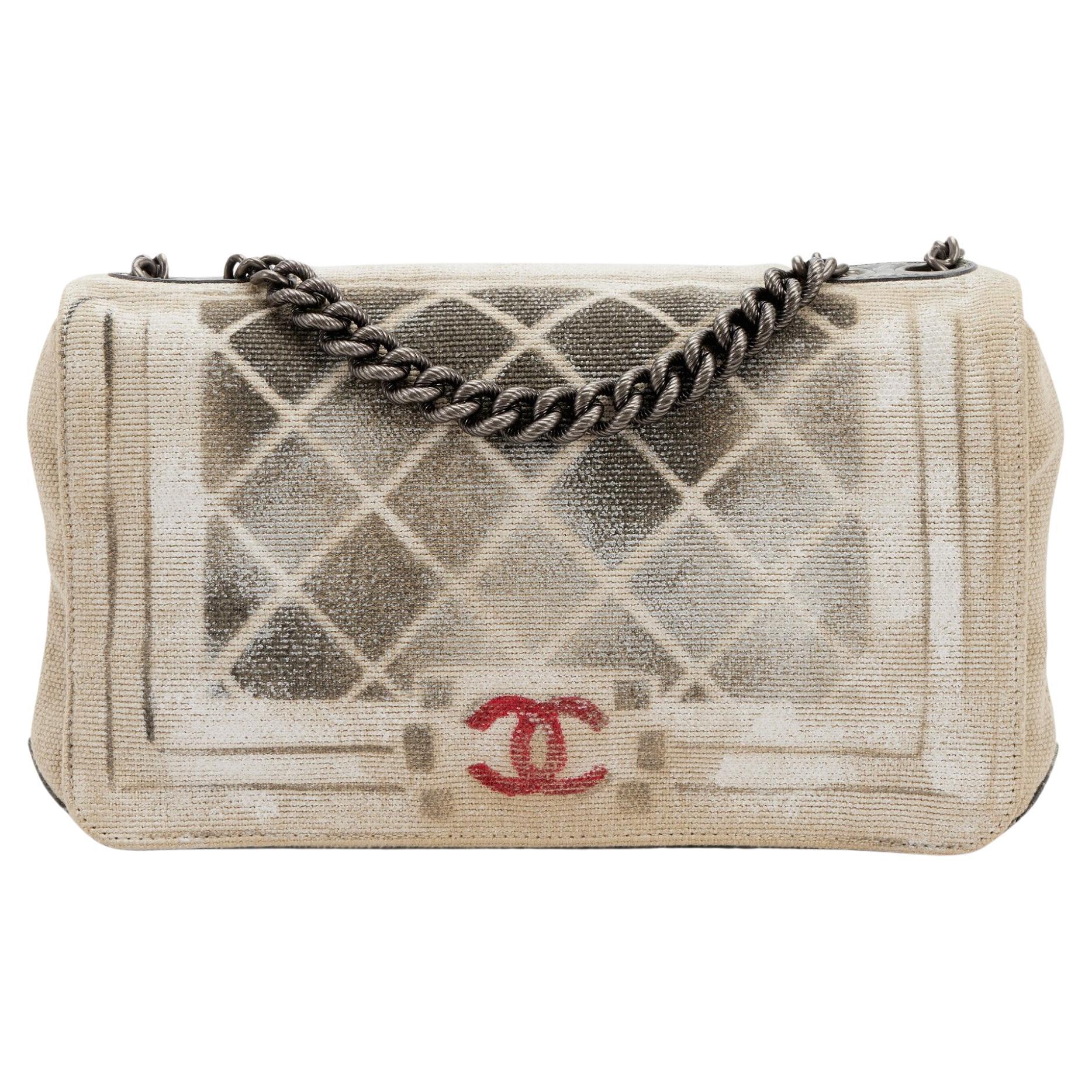 Chanel Classic Flap Graffiti Boy Art School Oh My Khaki Canvas Shoulder Bag