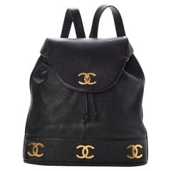 Chanel Vintage 1990er Cc Rucksack Schwarz Kaviar Leder Rucksack mit Kordelzug