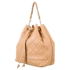 Chanel Used Beige Quilted Caviar Leather Drawstring Backpack Bag 