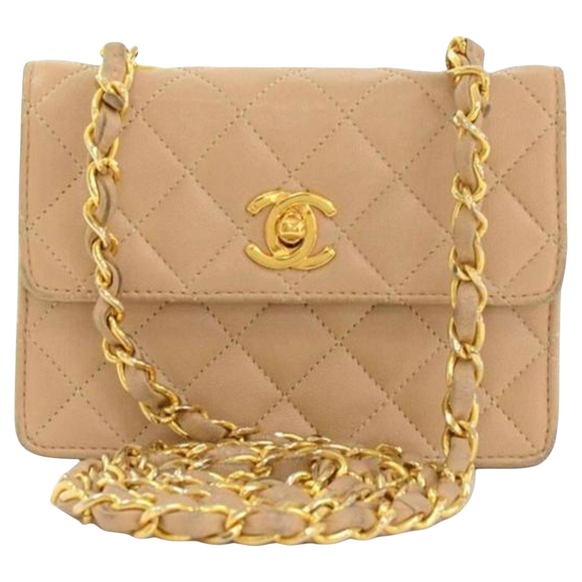 Chanel Mini Classic Flap Micro  Beige Lambskin Leather Cross Body Bag