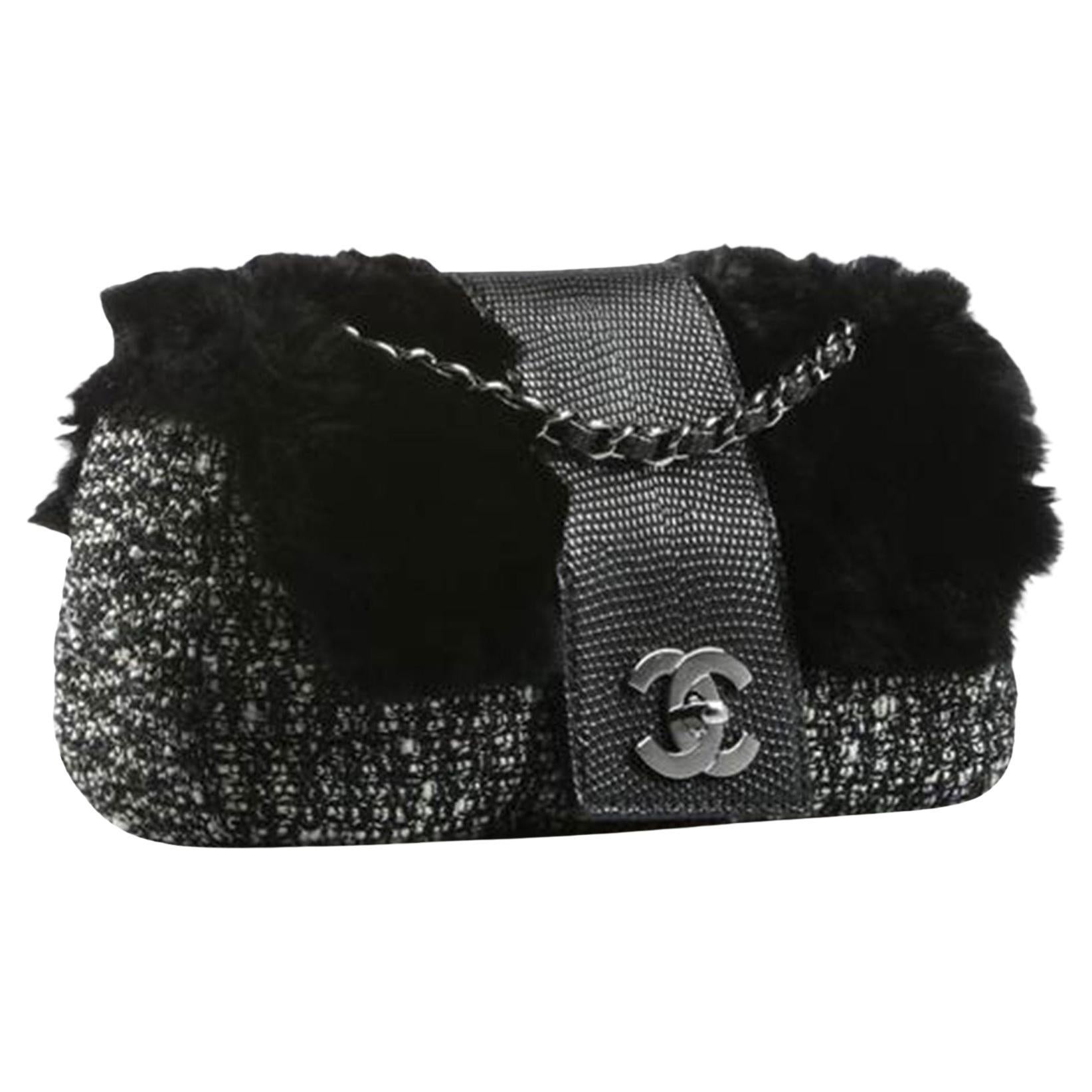 Chanel Classic Flap Limited Edition 2005 Black & White Grey Tweed Fur Lizard Bag For Sale