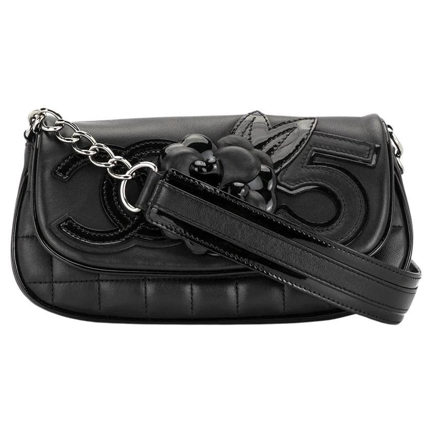 Chanel 2005 Cambon Quilted Lambskin Camellia No. 5 Flap Black Leather Bag For Sale