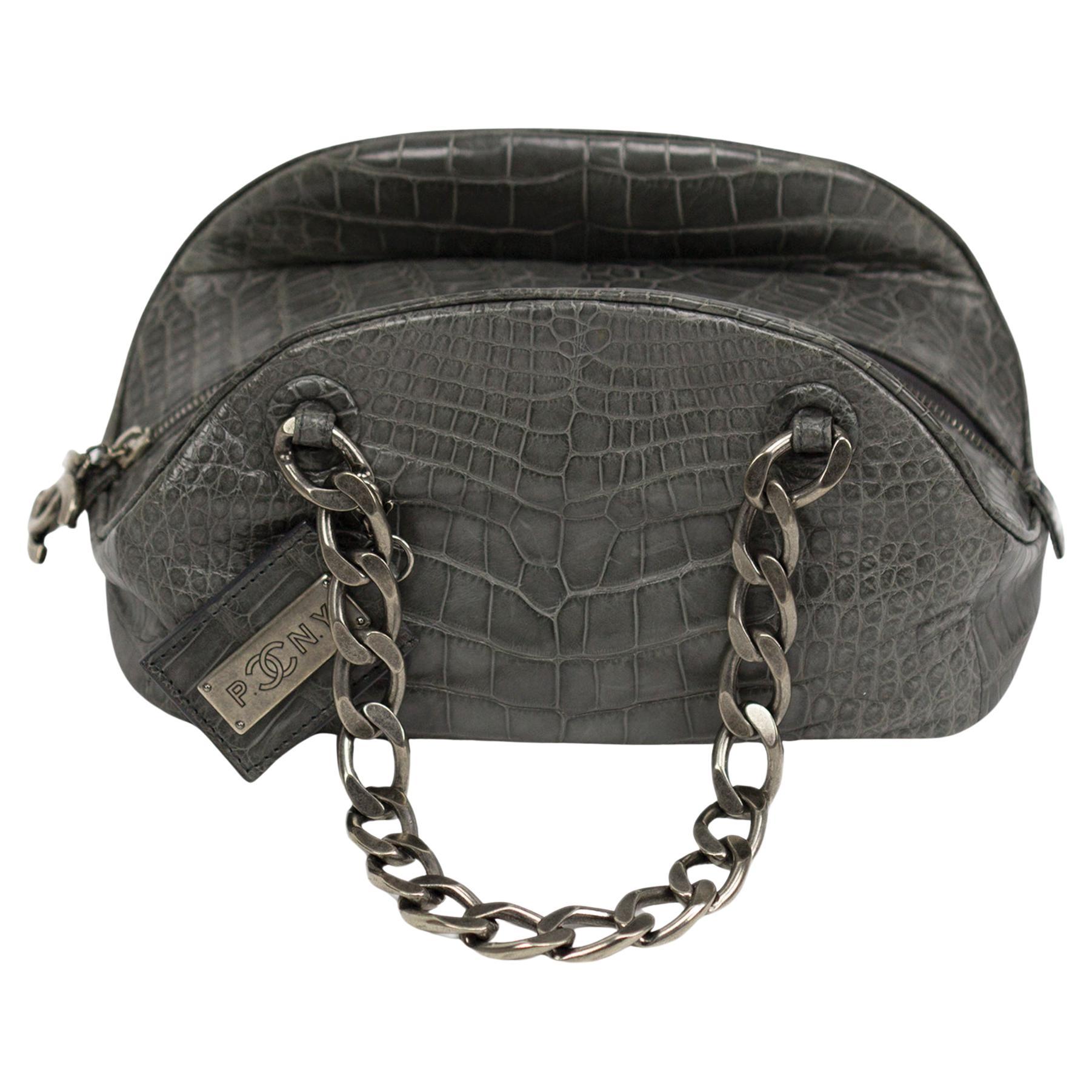 Chanel Bowling Bag Exotic Bowler Paris NY Grey Crocodile Skin Leather Satchel For Sale