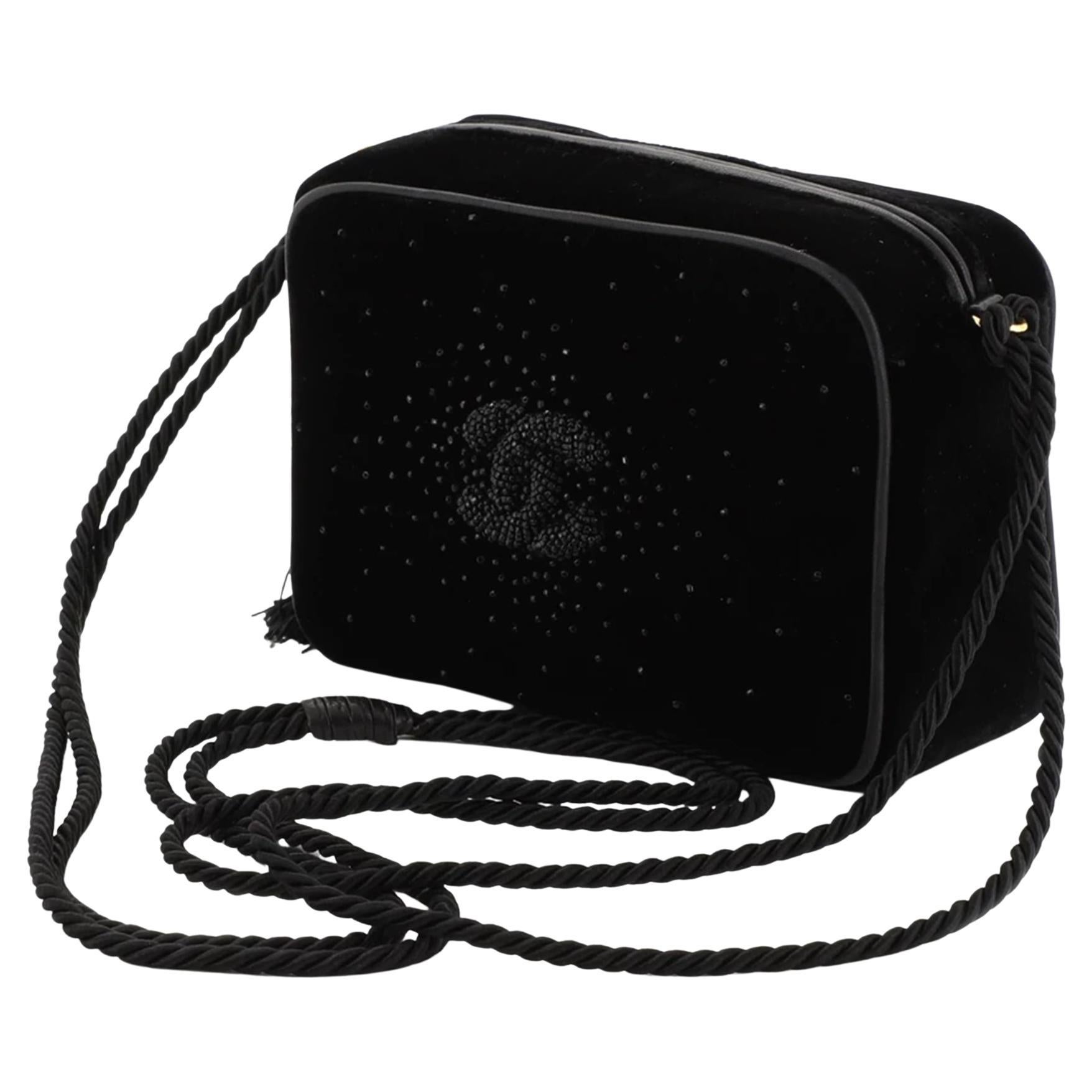 Chanel So Black Rare Vintage 1989 Velvet Strass Beaded Tassel Small Camera Bag For Sale