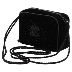 Chanel So Black Rare Retro 1989 Velvet Strass Beaded Tassel Small Camera Bag