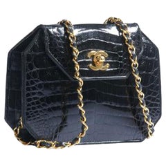Chanel Classic Flap Clutch Vintage 80's Gold Cc Closure Black Crocodile Skin Bag