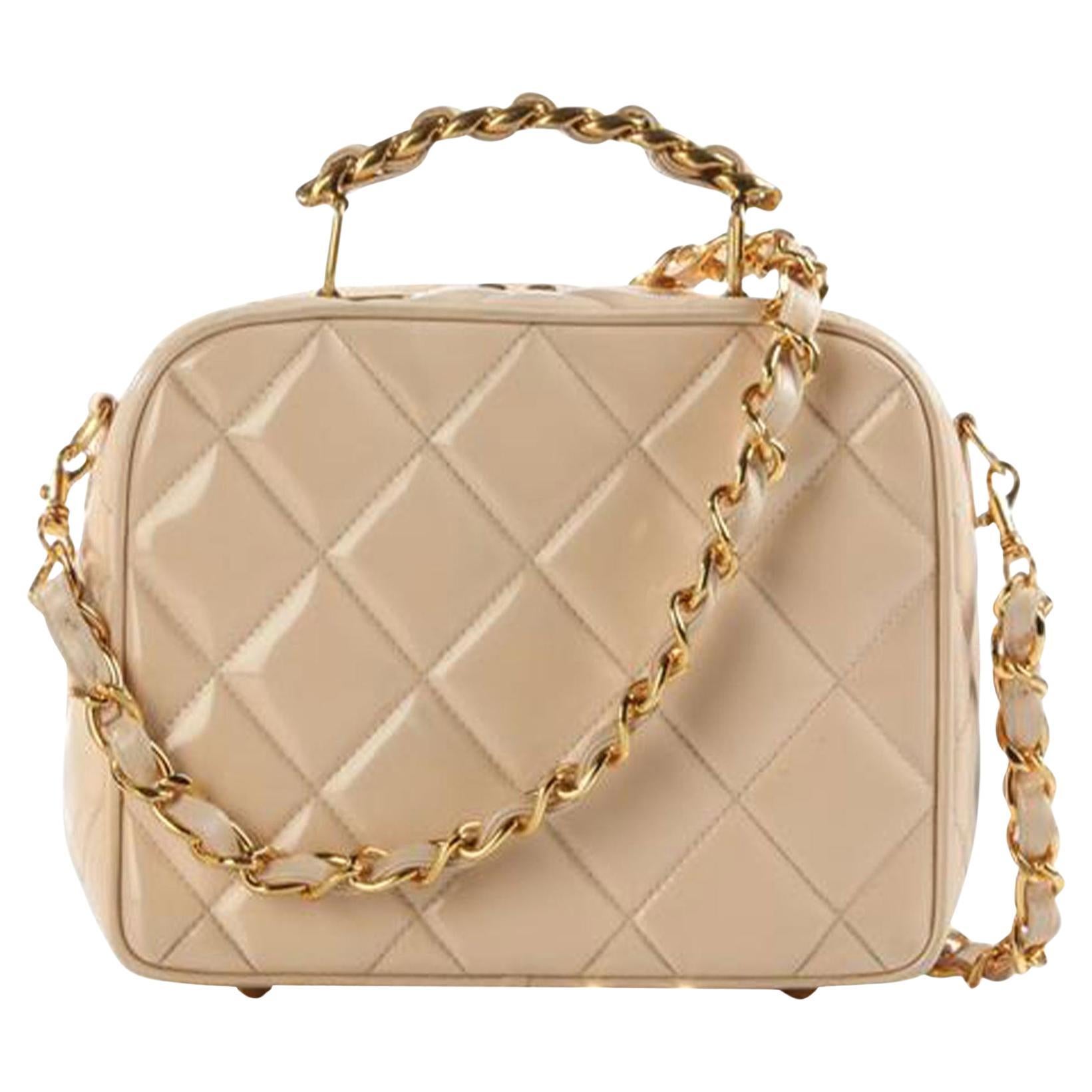 Chanel 1991 Camera Mini Quilted Vintage Rare Beige Nude Patent Cross Body Bag For Sale