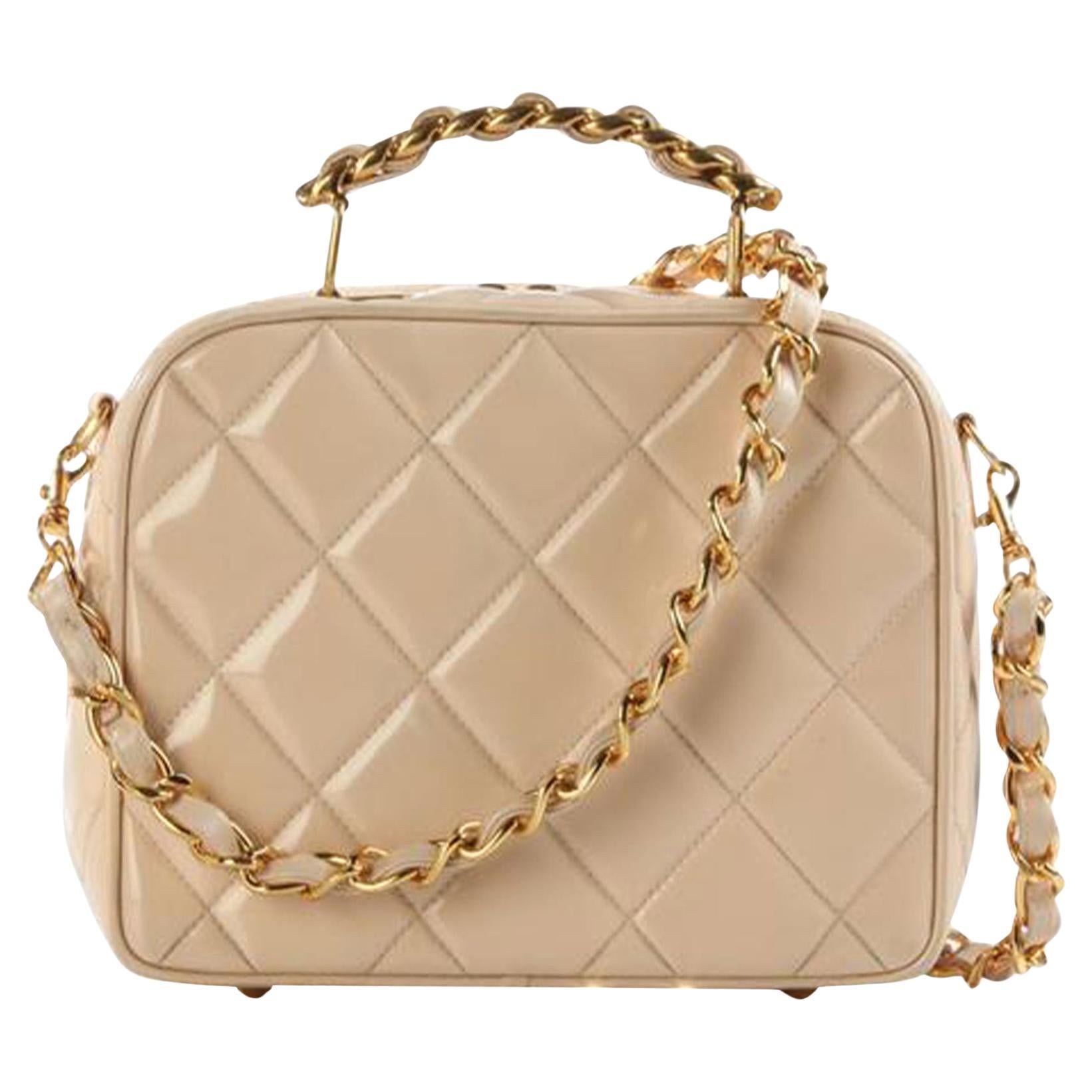 Chanel 1991 Kamera Mini Gesteppt Vintage Seltene Beige Nude Lack Cross Body Bag