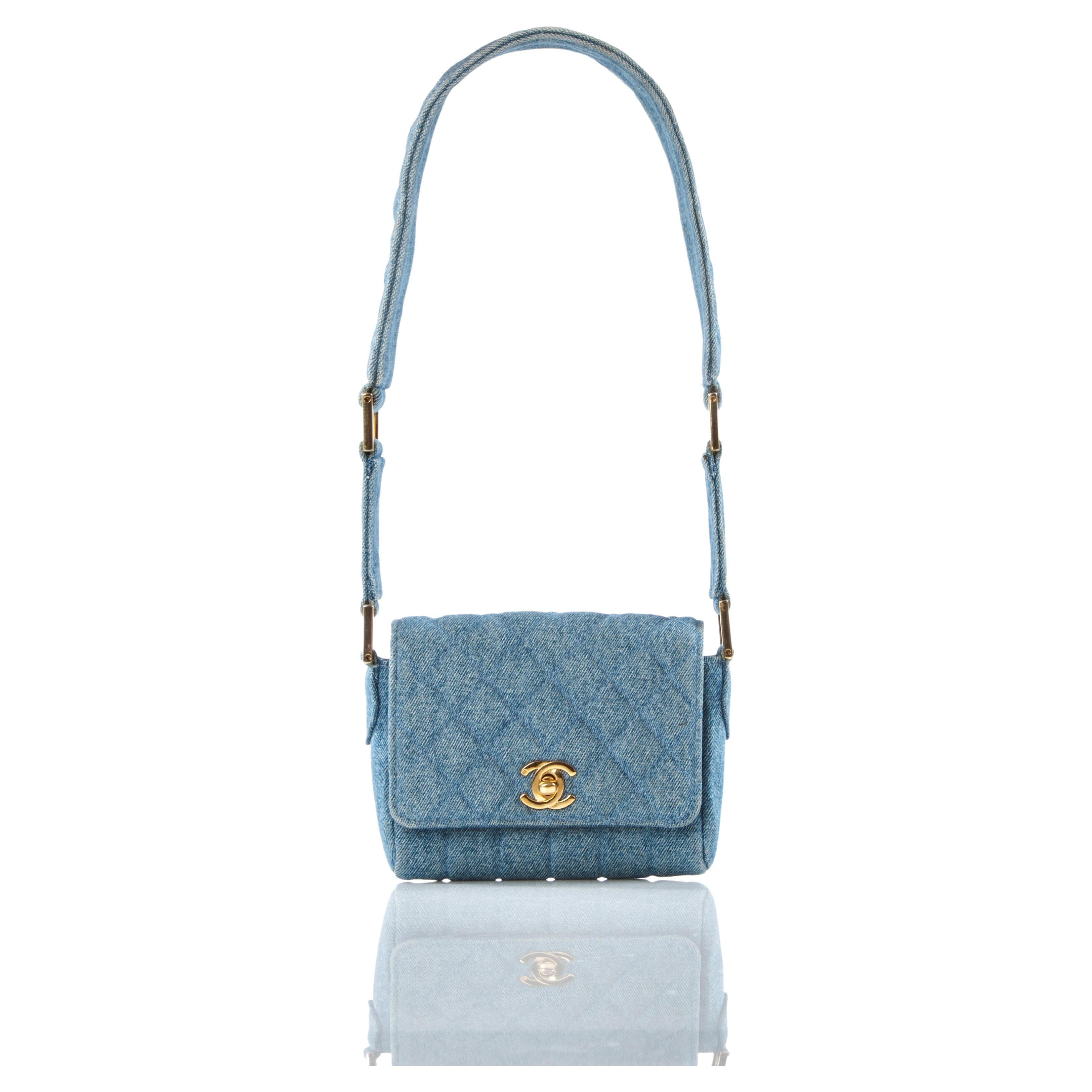 Chanel 1989 Vintage Runway Blue Jean Denim Micro Mini Classic Flap Bag For Sale
