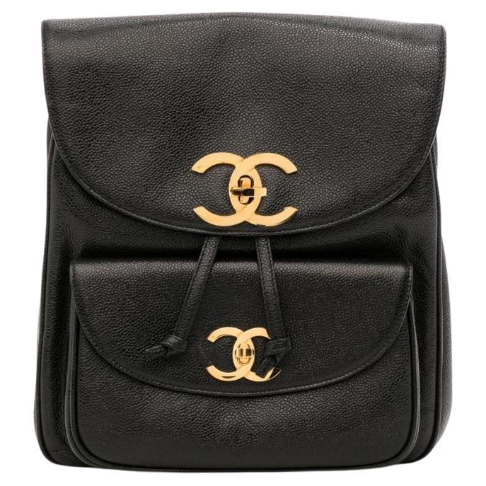 Chanel 1994 Vintage Caviar Black Leather Double Pocket Duma Backpack Bag For Sale