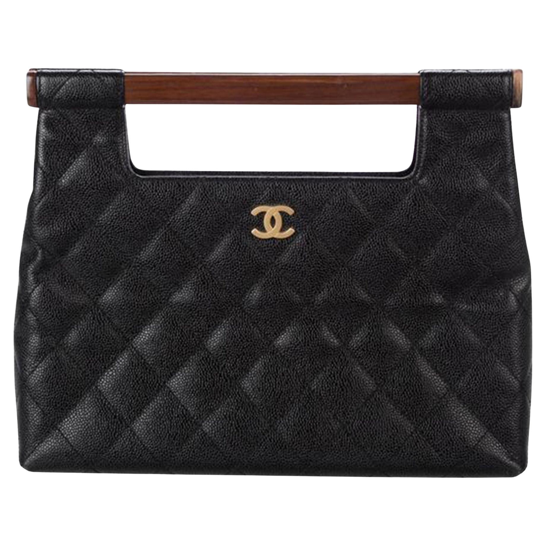 Chanel 2003 Holz Top Handle Kelly Seltene Vintage Schwarz Kaviar Leder Clutch Bag