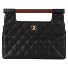 Chanel 2003 Wood Top Handle Kelly Rare Used Black Caviar Leather Clutch Bag