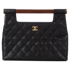 Chanel 2003 Holz Top Handle Kelly Seltene Vintage Schwarz Kaviar Leder Clutch Bag