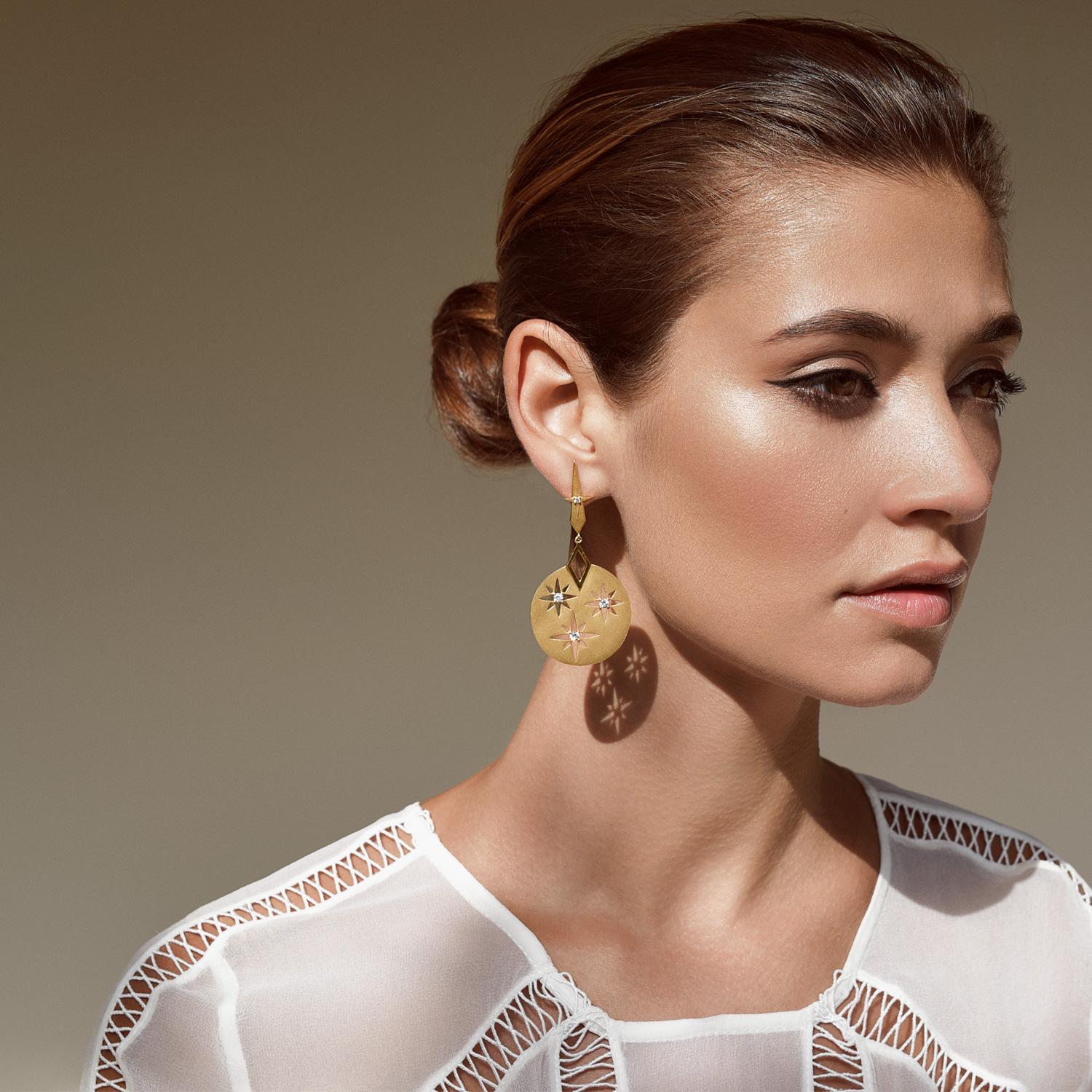 Contemporary Zoe and Morgan Gold White Zircon Zenith Earrings  For Sale