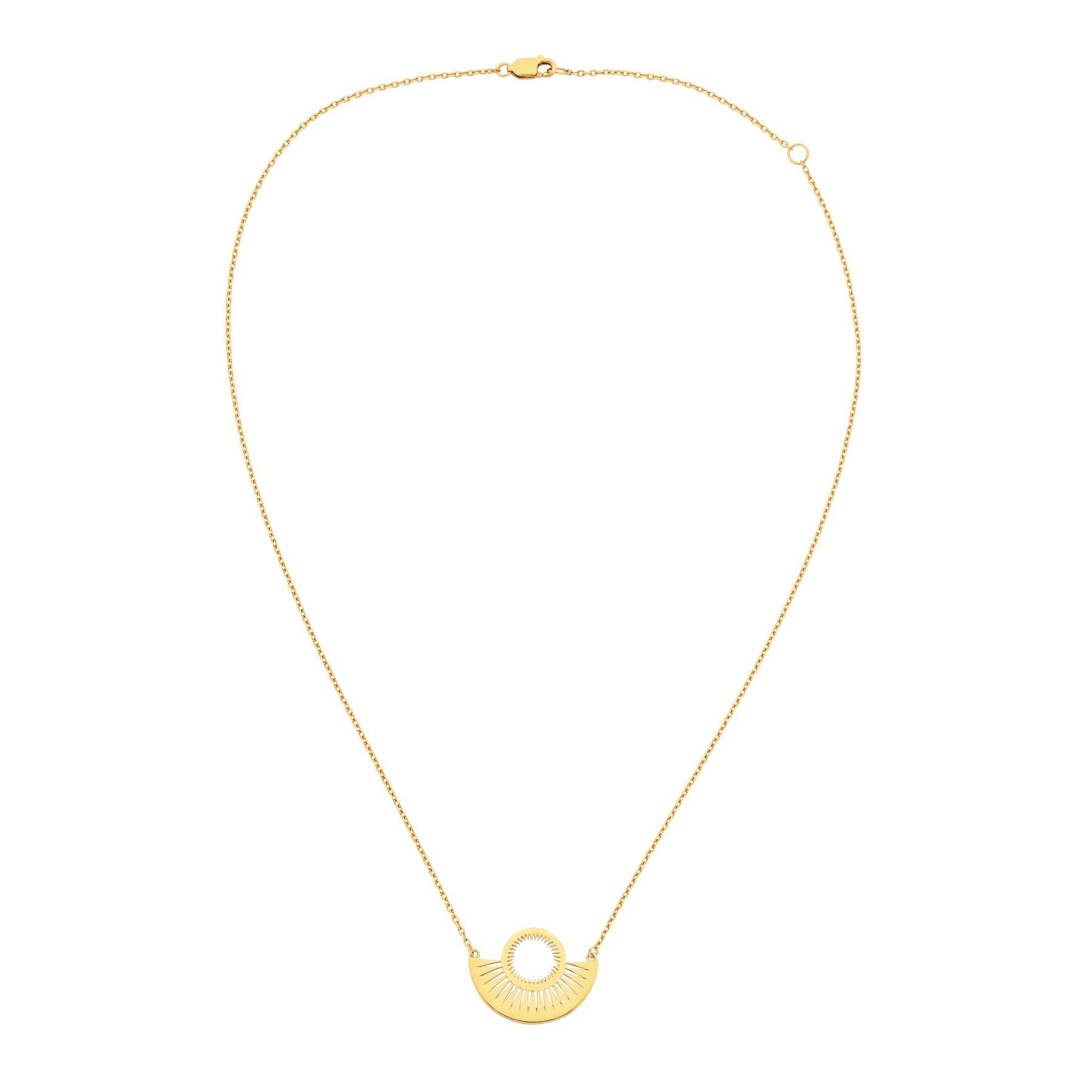 The Pocket Full of Sunshine necklace creates the shapes made by the Sun as it sits over the sea, and the reflections of light cast over the water. The pendant makes a striking statement as the fine cut-out detailing reveals glimpses of skin and