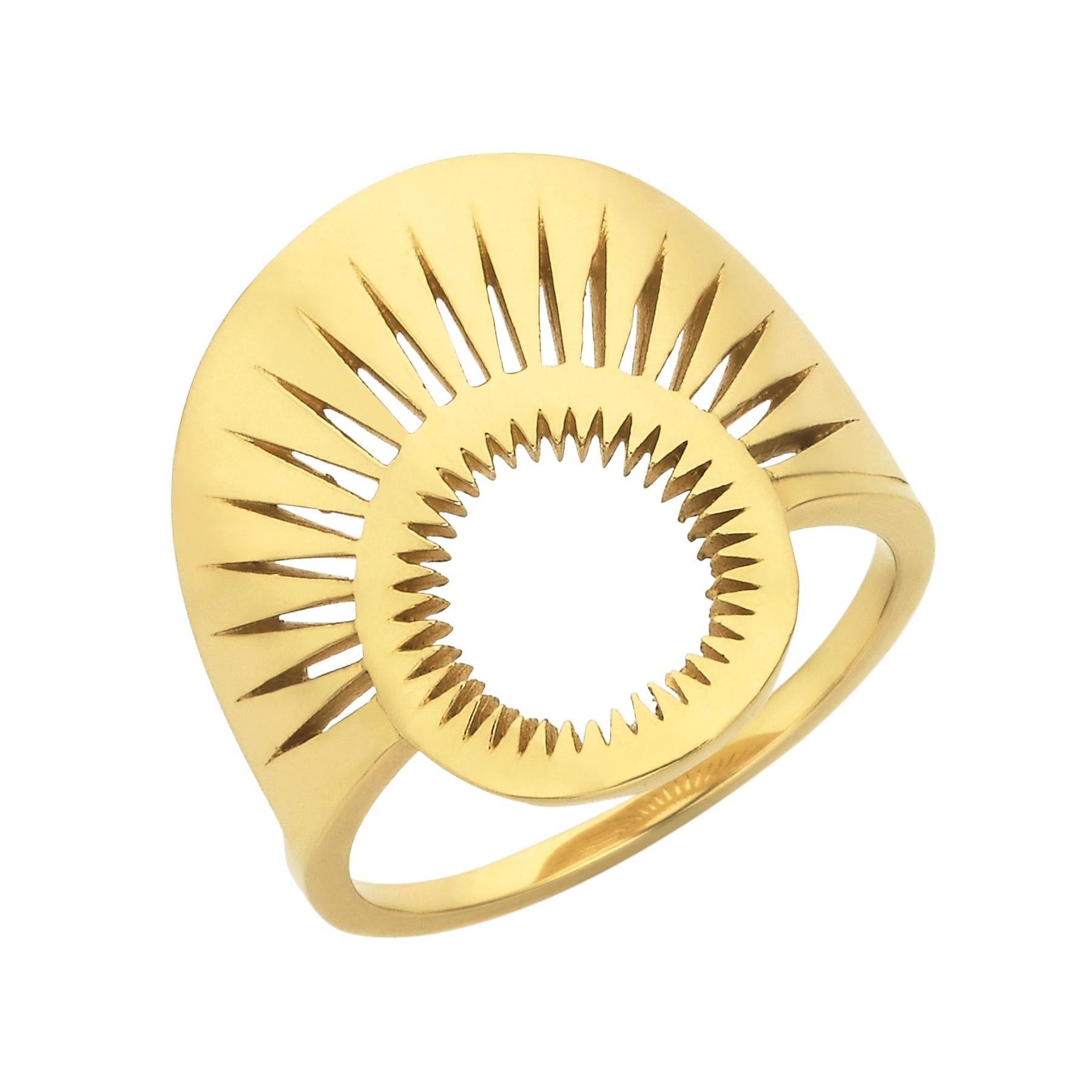 Ring sizes: S, M, L

The Pocket Full of Sunshine ring creates the shapes made by the Sun as it sits over the sea, and the reflections of light cast over the water. The curved ring makes a striking statement as the fine cut-out detailing reveals