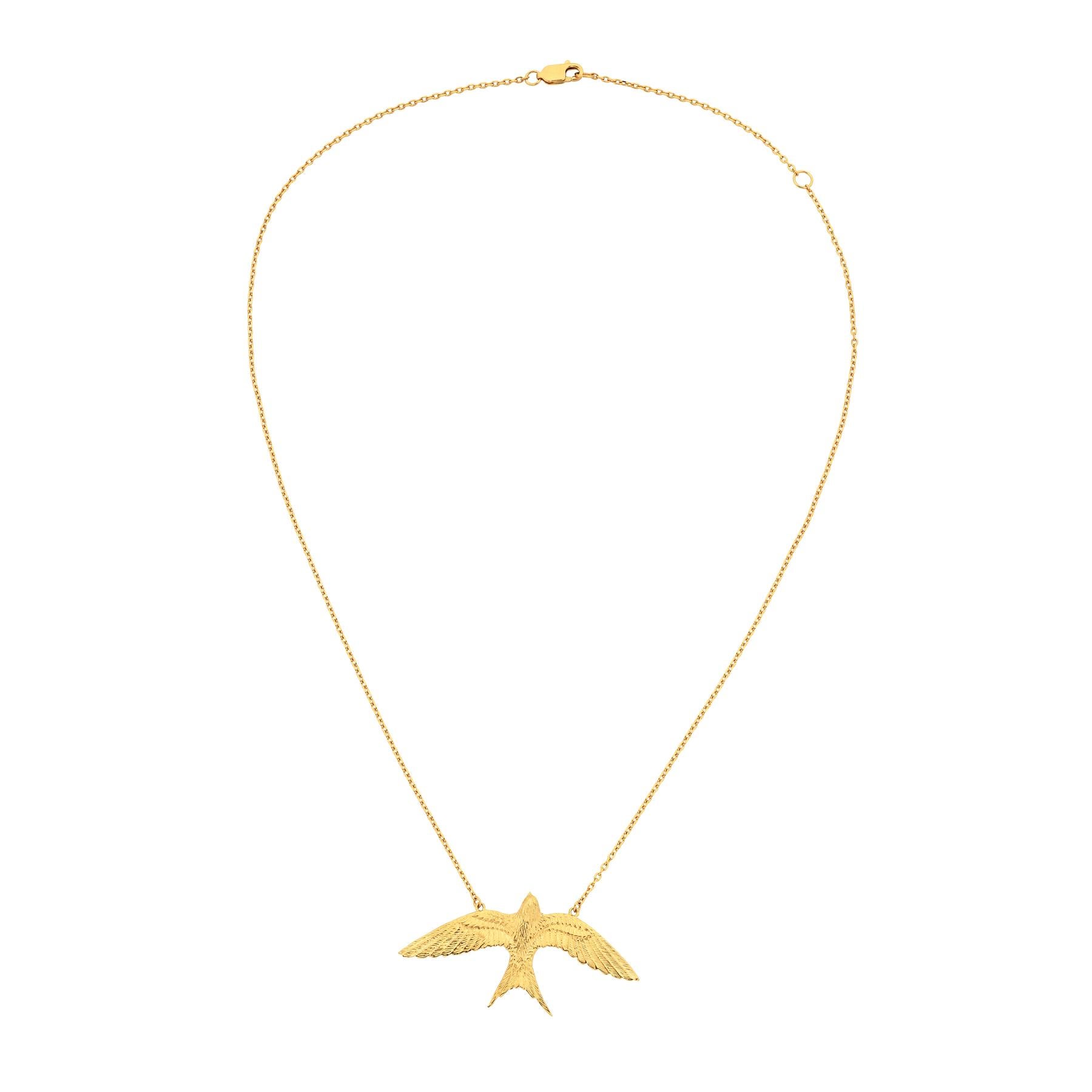 The swallow birds, once paired, remain together for life. They are a symbol of both freedom and loyalty. Even after distant travels, they reunite and stay close to one another. Our Lover necklace is lovingly hand carved from a wax model, which