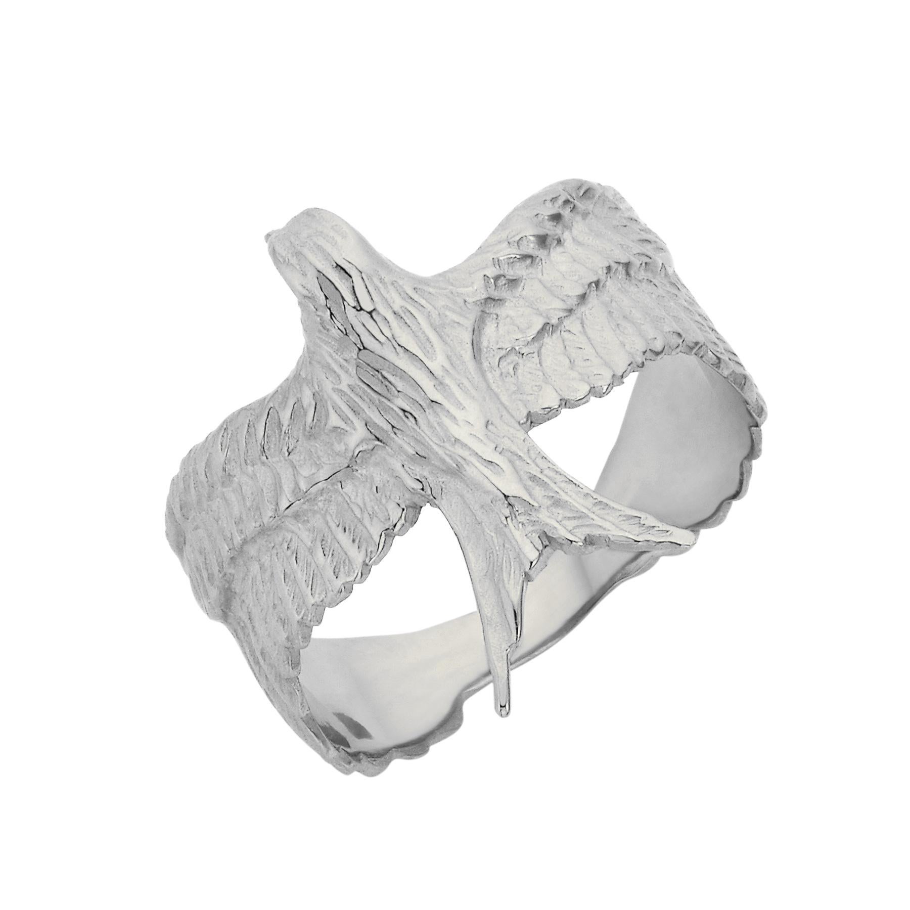 The swallow birds, once paired, remain together for life. They are a symbol of both freedom and loyalty. Even after distant travels, they reunite and stay close to one another. Our Lover ring is lovingly hand carved from a wax model, which creates