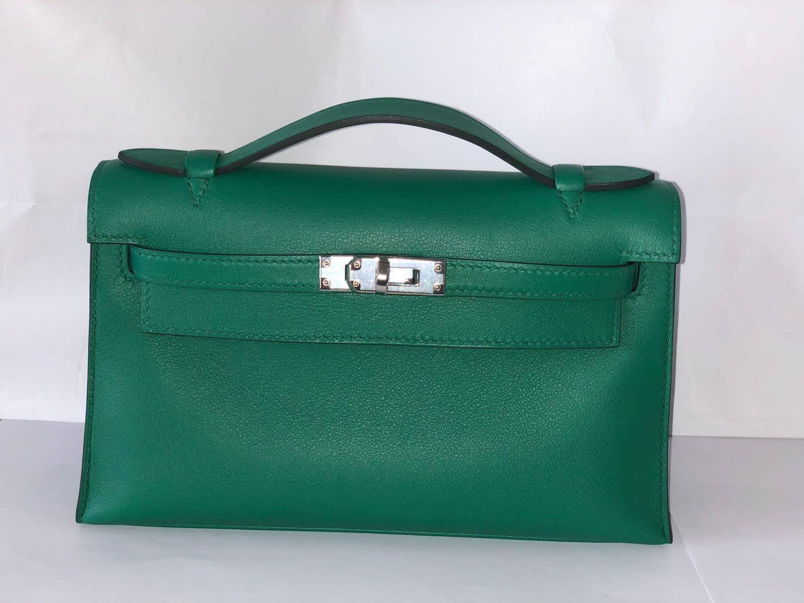 Hermes Vert Vertigo Evercolor Palladium Hardware Kelly Mini Pochette Bag  In New Condition In Nicosia, CY
