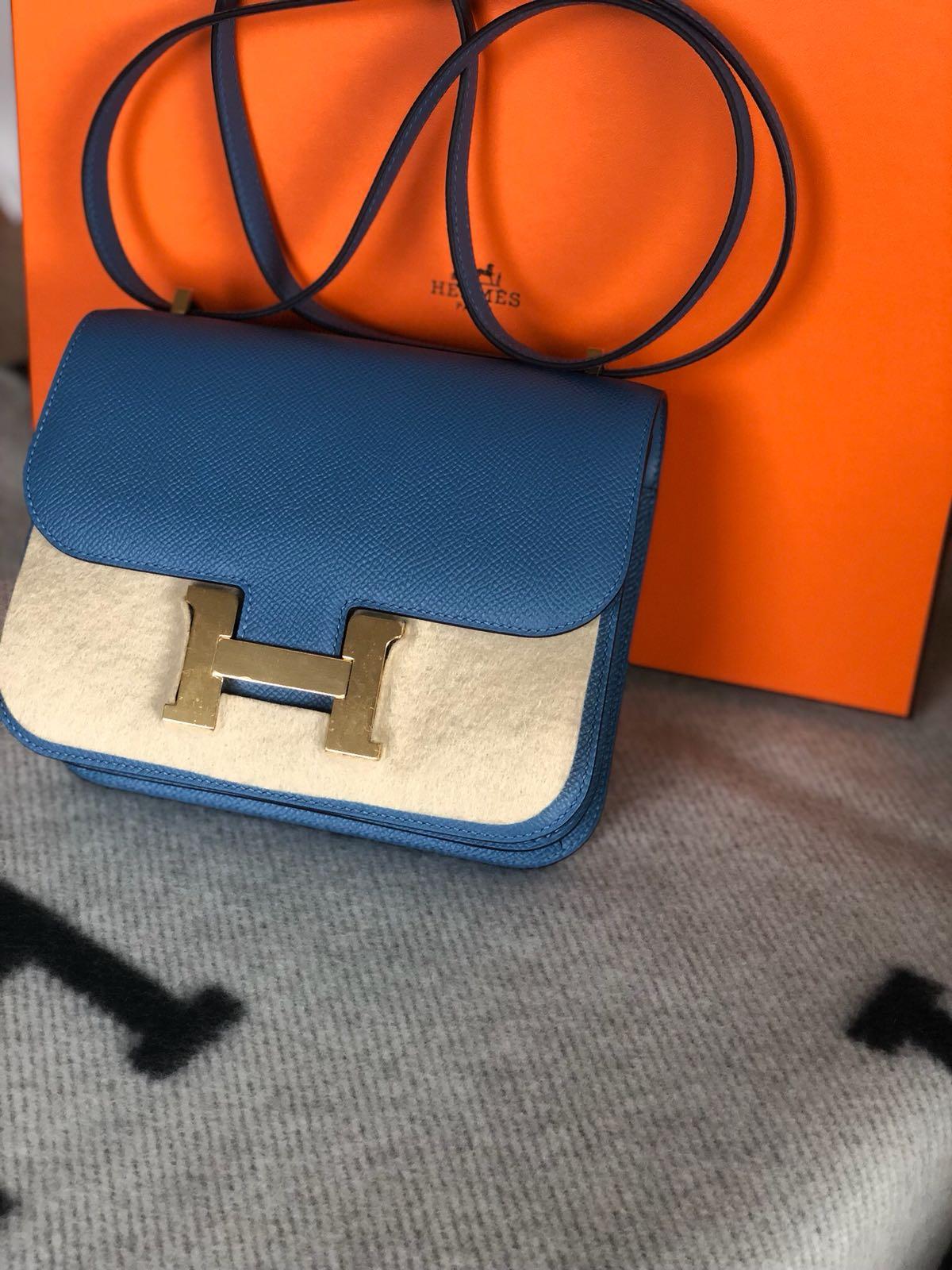 New never worn Hermes Bag
Constance
Size mini
Leather Epsom
Color Blue Azur
Gold hardware

Comes full set: 
Original box
Invoice
Raincoat
Padlock & Keys
Dustbag
