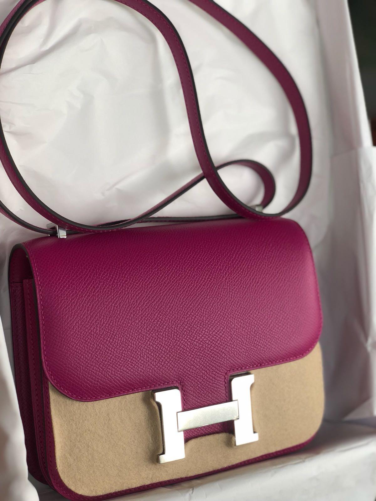 New never worn Hermes Bag
Constance
Size mini
Leather Epsom
Color Rose pourpre
Palladium hardware

Comes full set: 
Original box
Invoice
Raincoat
Padlock & Keys
Dustbag