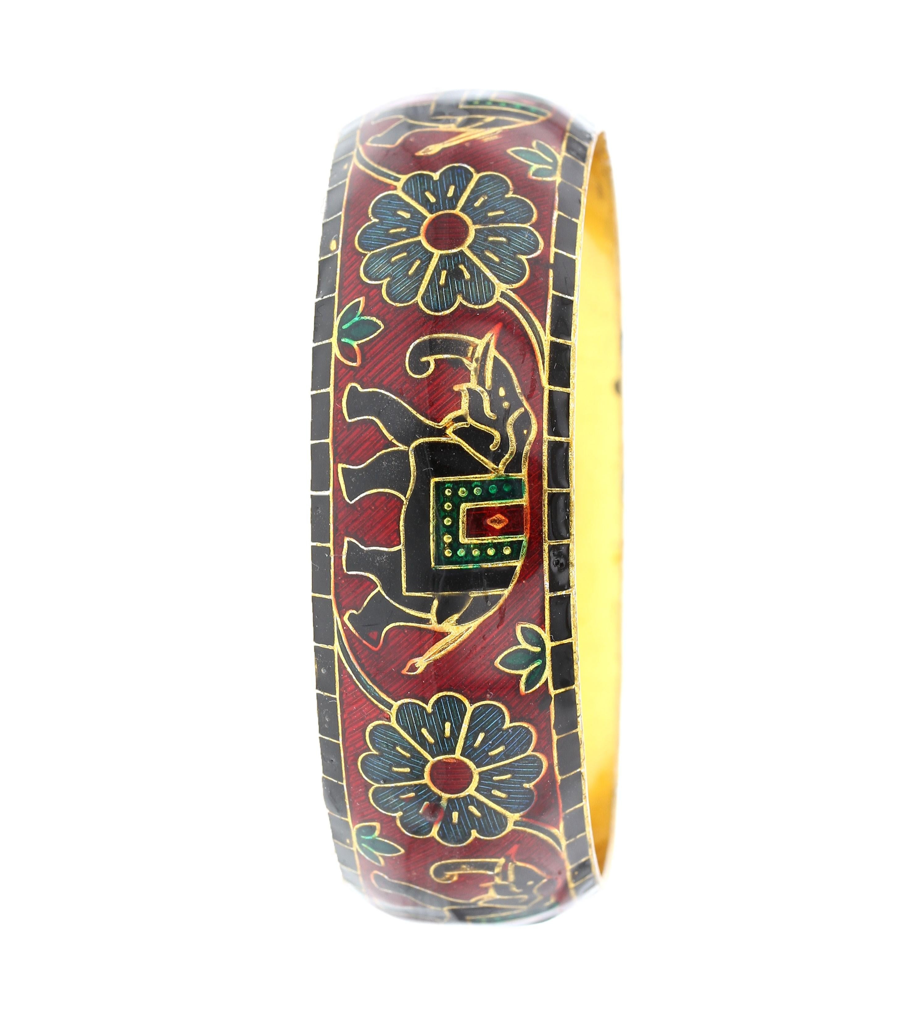 Elephant and Floral Enamel Bangle Bracelet in Brass- Red In New Condition In New York, NY