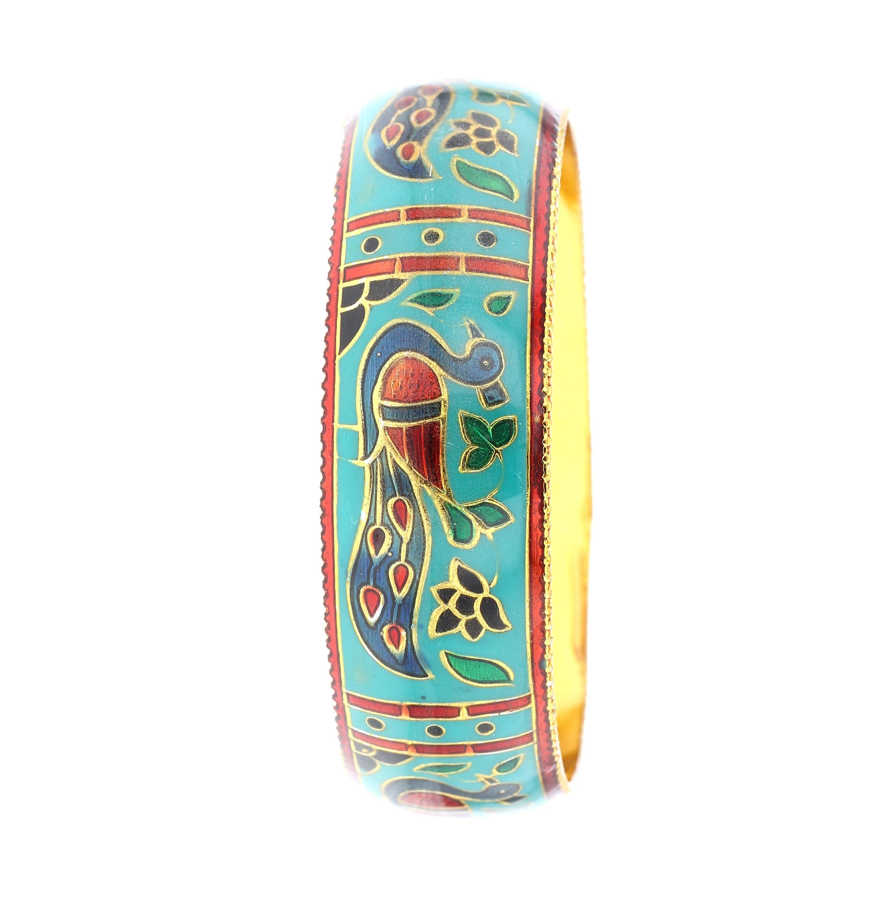 Traditional Peacock Enamel Bangle Bracelet in Brass- Teal In New Condition In New York, NY