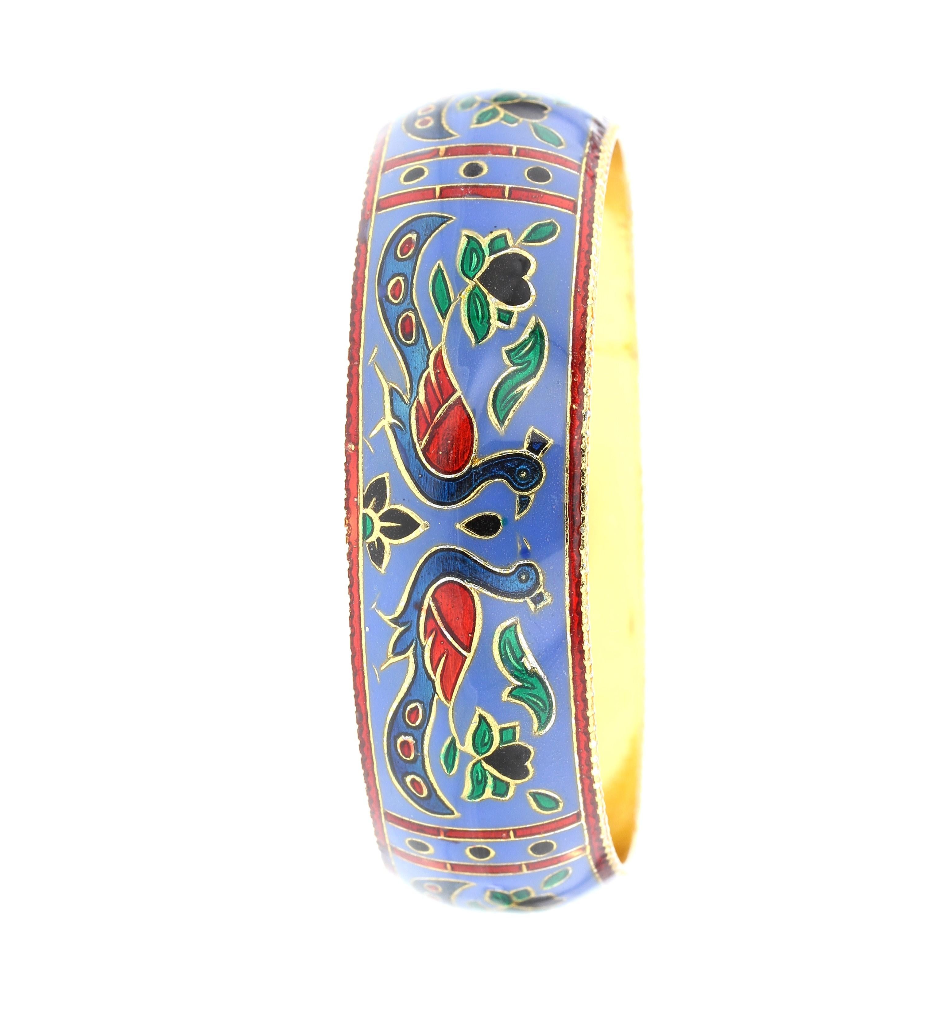 Traditional Peacock Enamel Bangle Bracelet in Brass- Steel Blue In New Condition In New York, NY