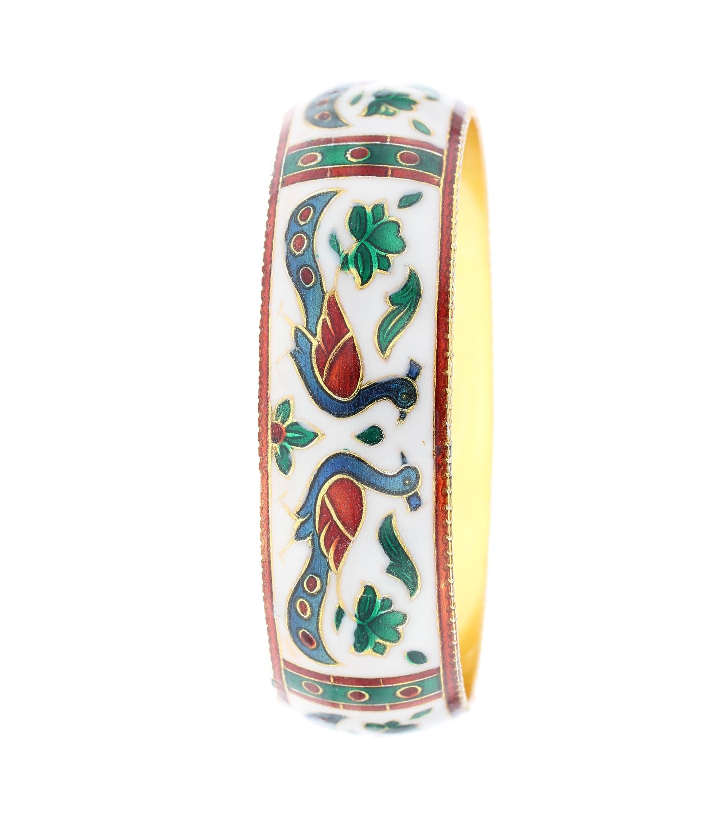 Traditional Peacock Enamel Bangle Bracelet in Brass- White In New Condition In New York, NY