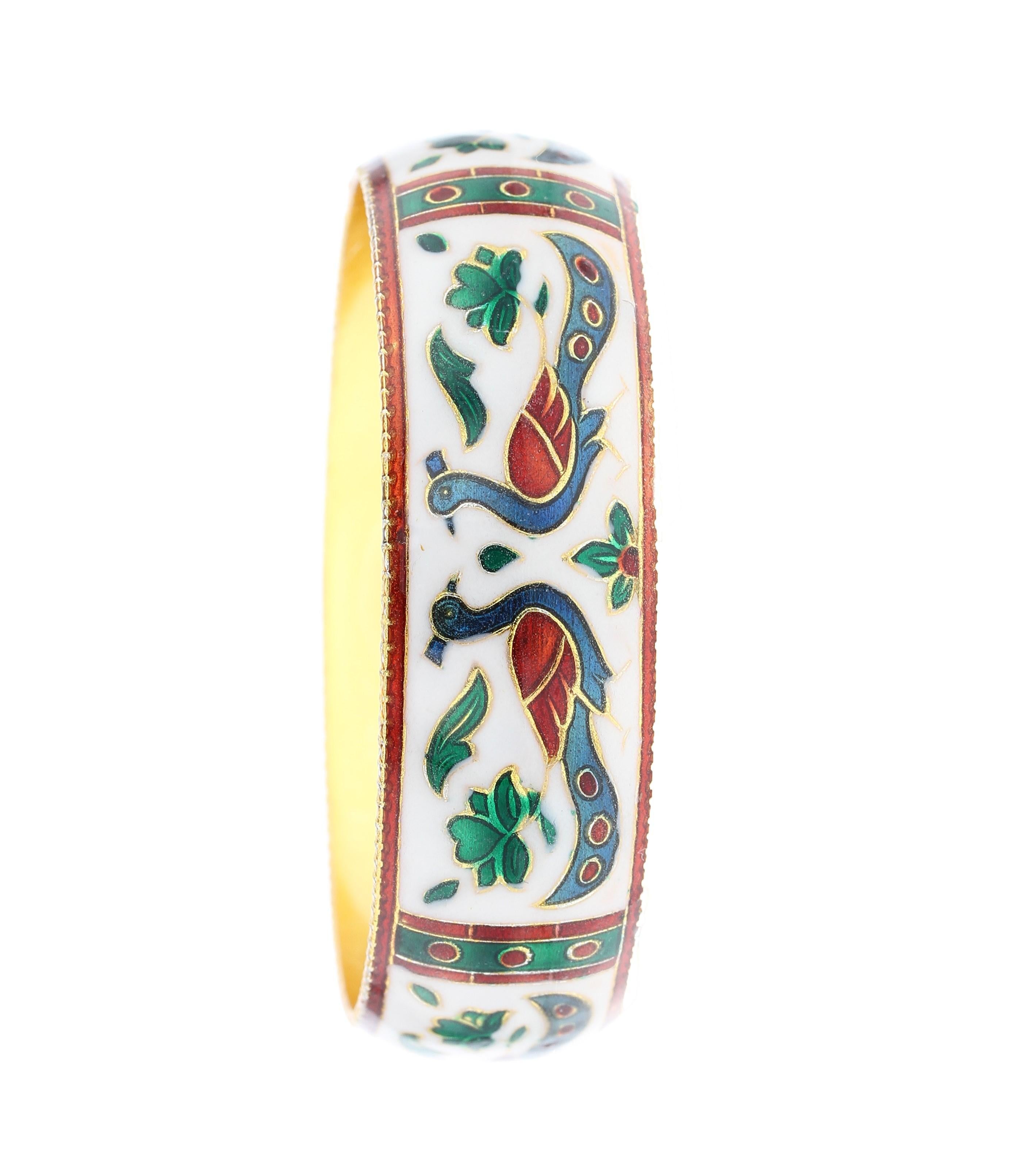 Women's or Men's Traditional Peacock Enamel Bangle Bracelet in Brass- White