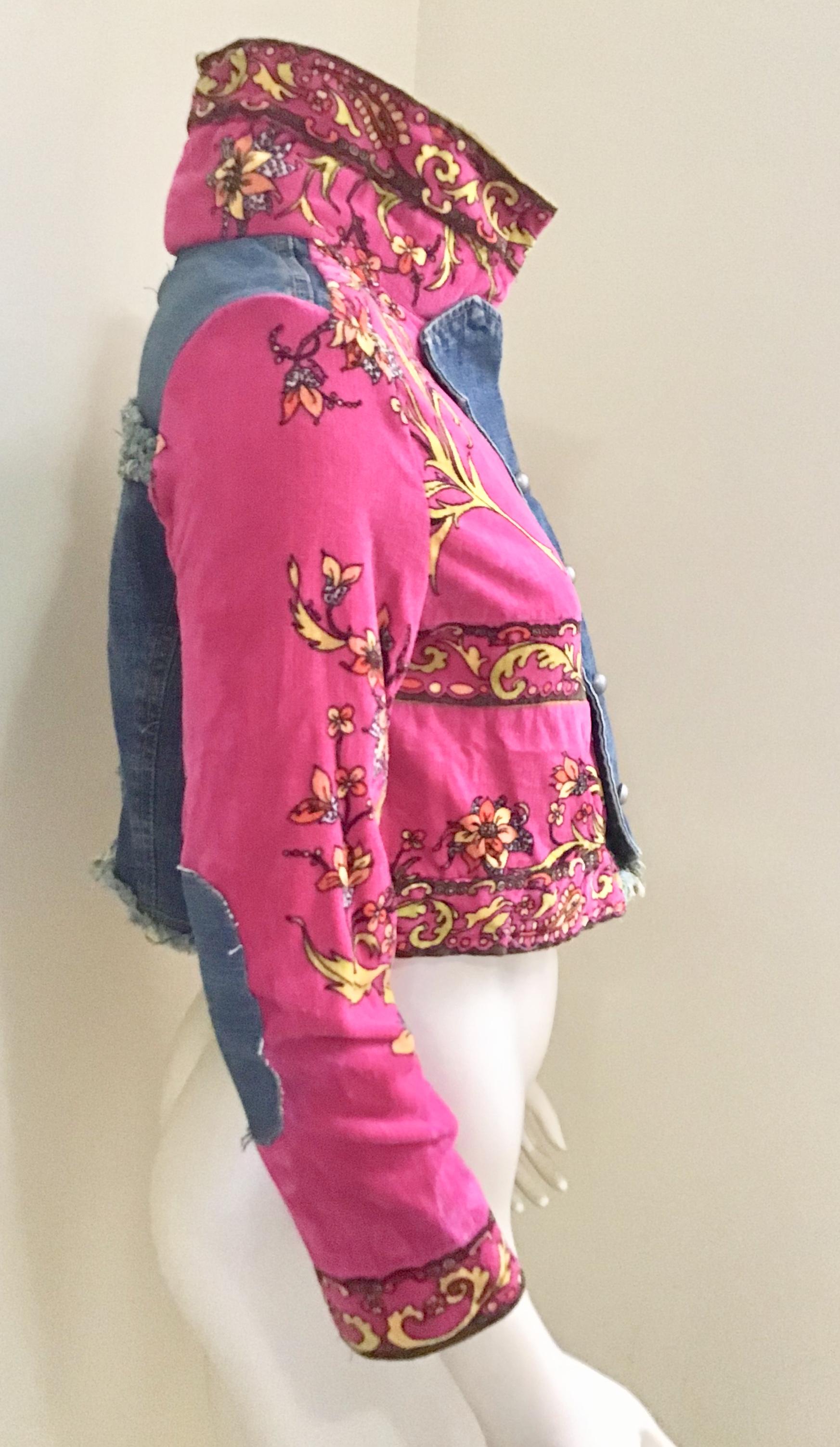 Believe it or not these started as coulottes but even before they were pants it may have been a Pucci Towel. In its 3rd reincarnation it is a super cute jacket. Using the only useable parts of the original and adding parts from a denim jacket,
