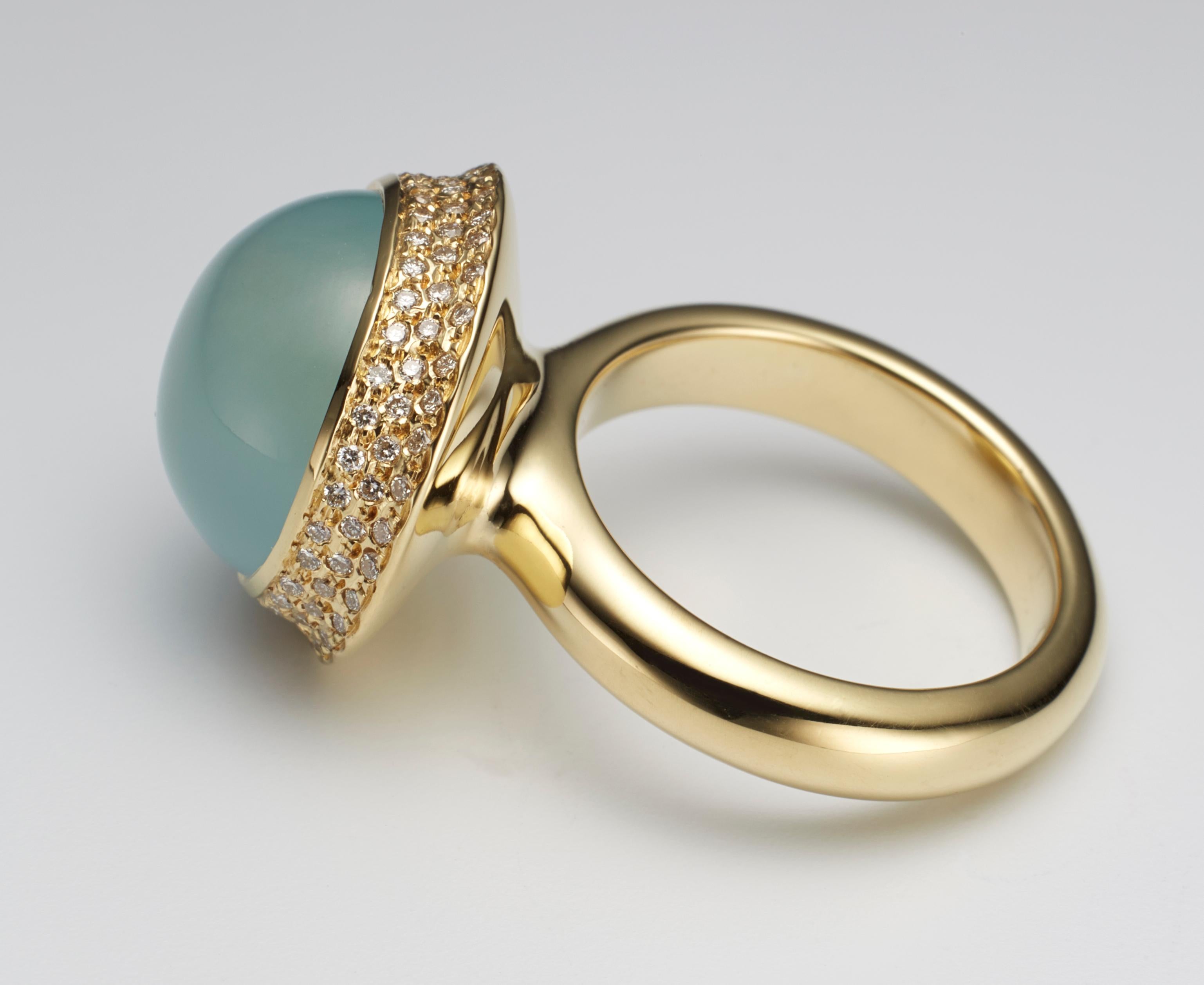 Large Aquamarine Cabochon Pave Diamond 18K Gold Ring By Christopher Phelan In New Condition In New York, NY