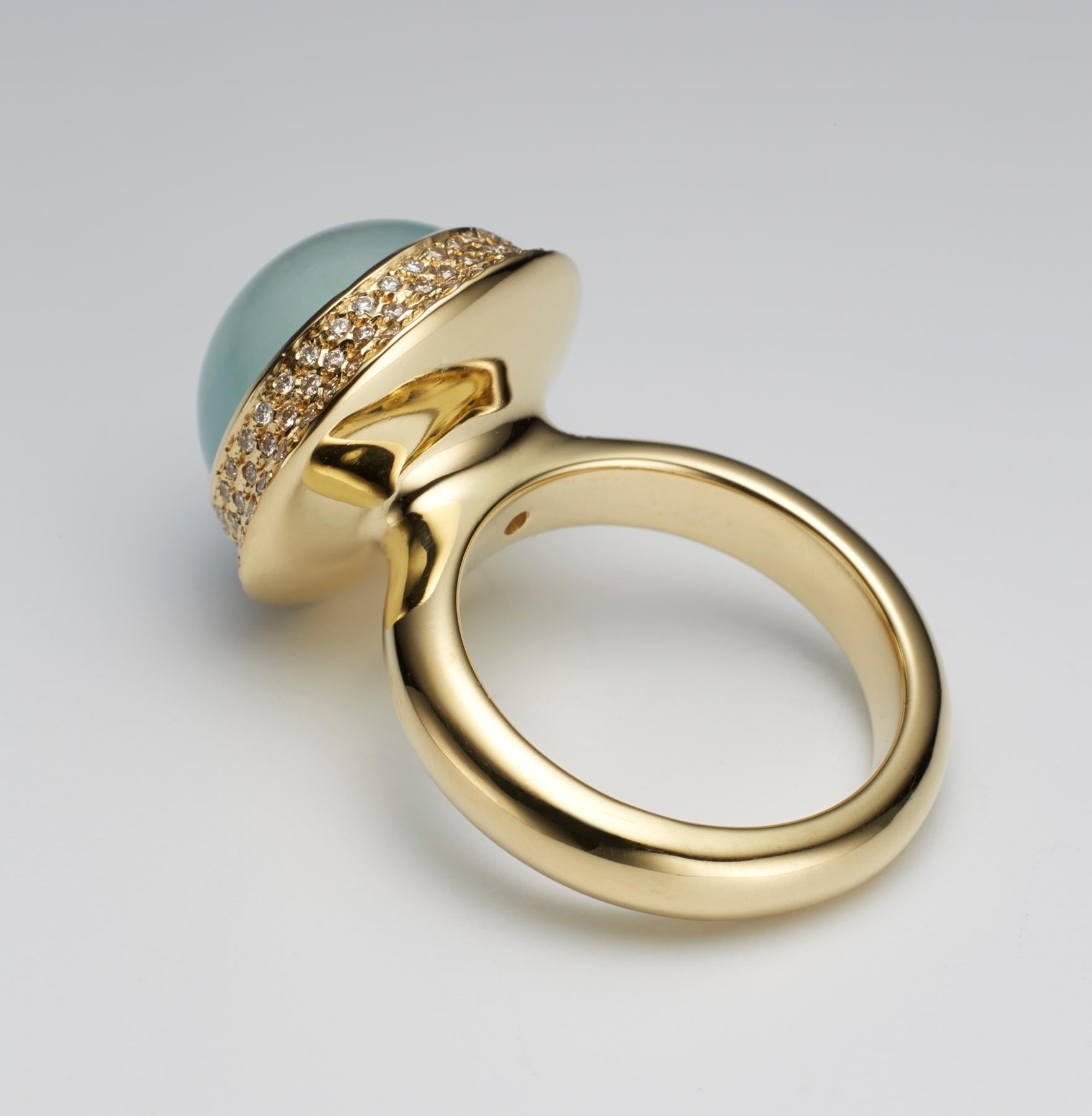 Women's Large Aquamarine Cabochon Pave Diamond 18K Gold Ring By Christopher Phelan