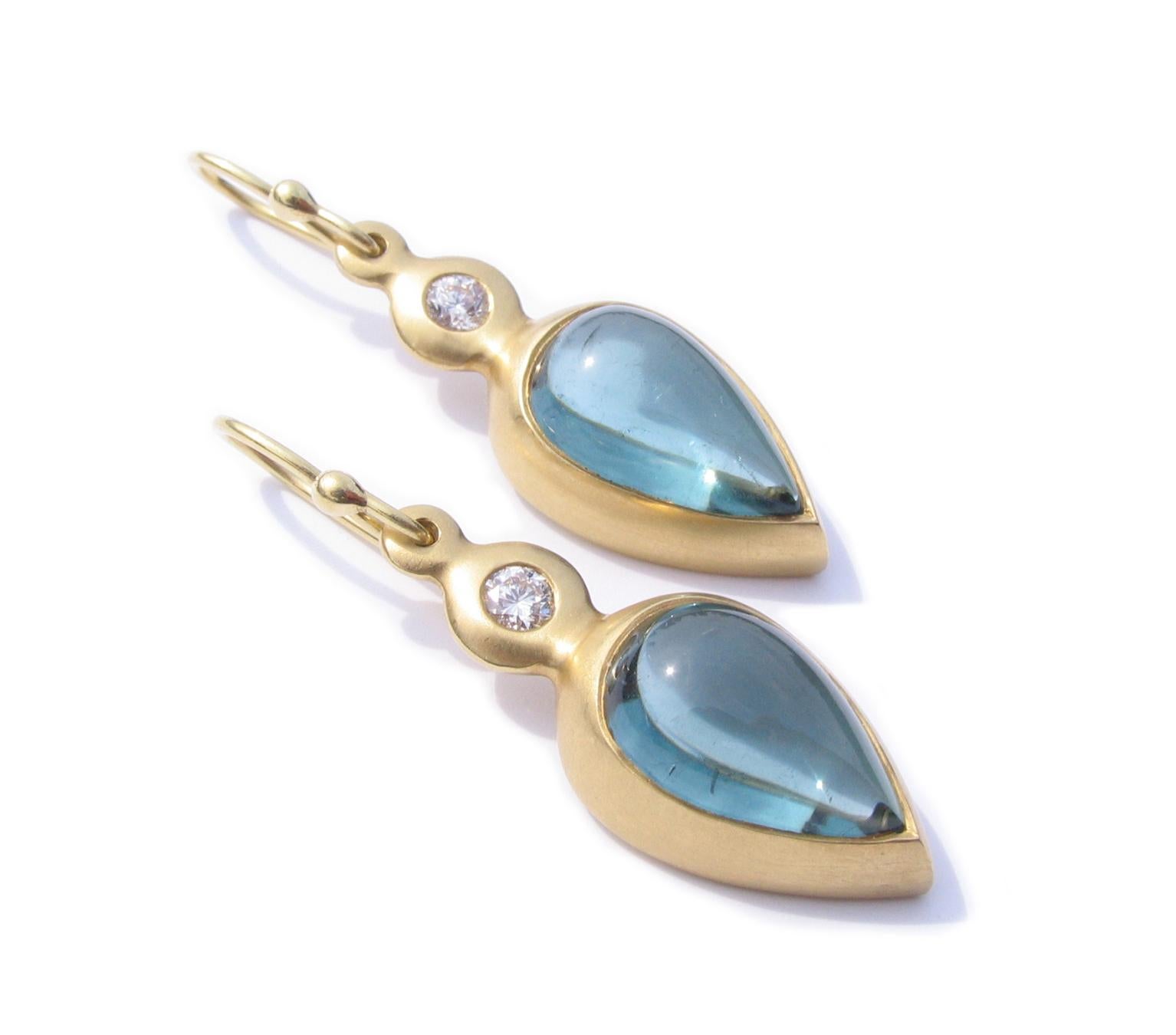 Modern  Indicolite Blue Tourmaline Cabochon 18K Gold Earrings
