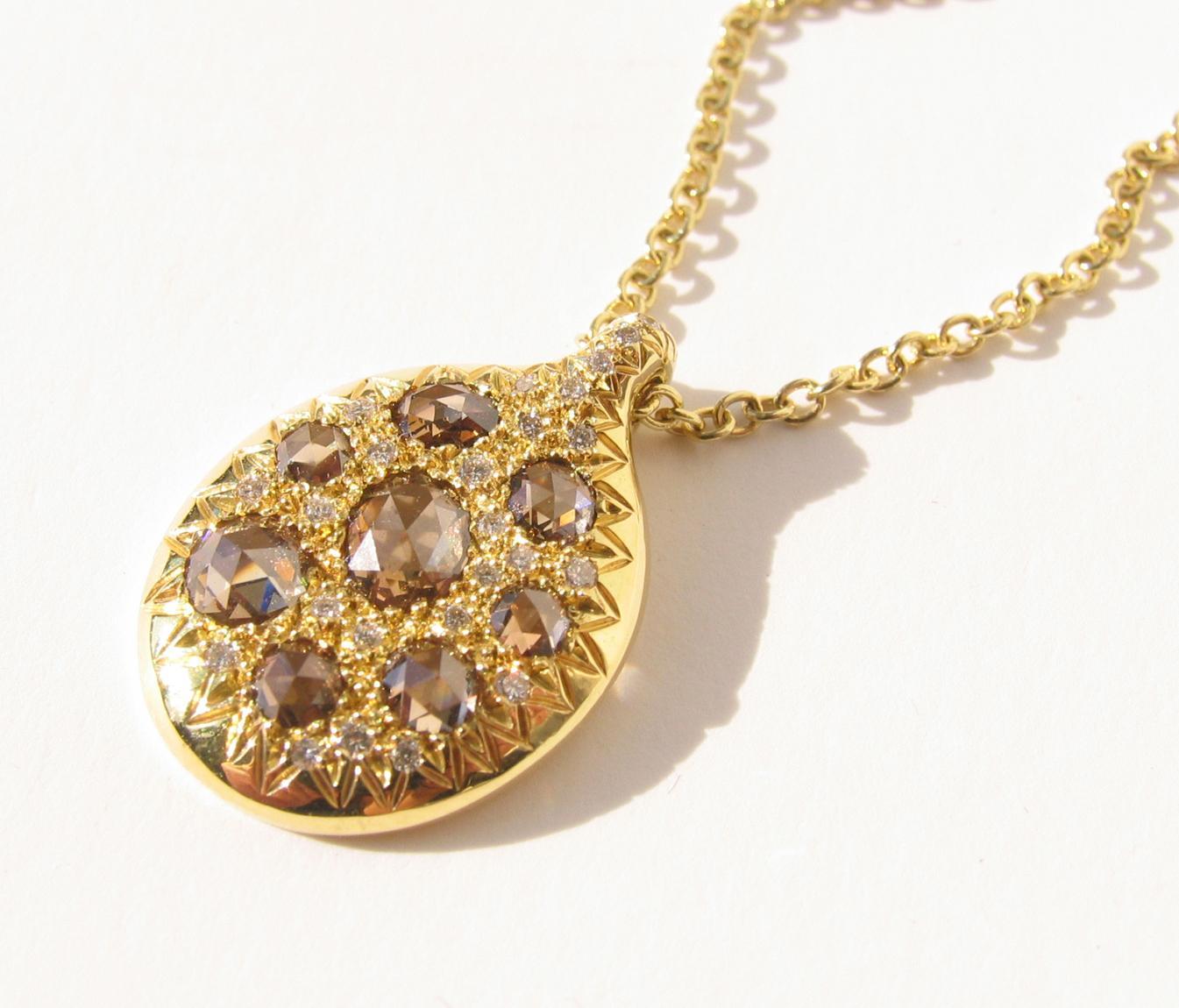 One of a kind brown rose cut pave diamond 18 Karat gold pendant on gold chain.
Hand crafted by goldsmith Christopher Phelan.
Pendant measures 1 inch x .60 inch. Gold chain length measures 17 inches. 
8 Brown rose cut VS1 diamonds.
27 White brilliant