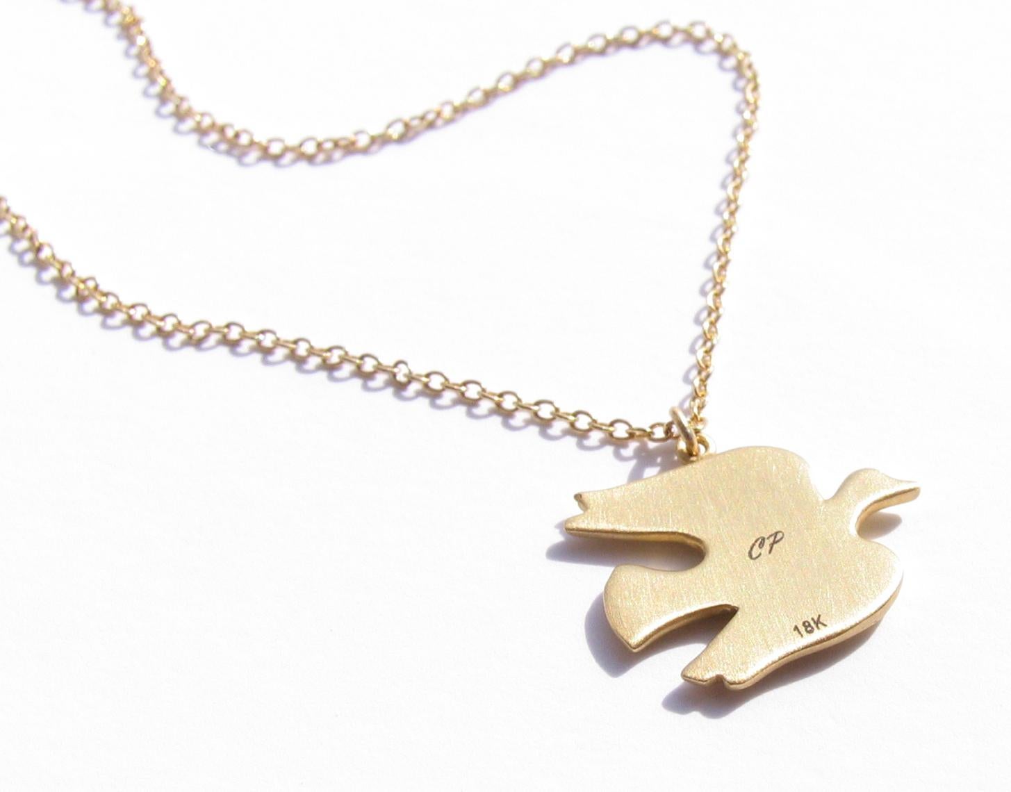 Modern 18K Gold And Diamond Flying Dove Pendant Necklace