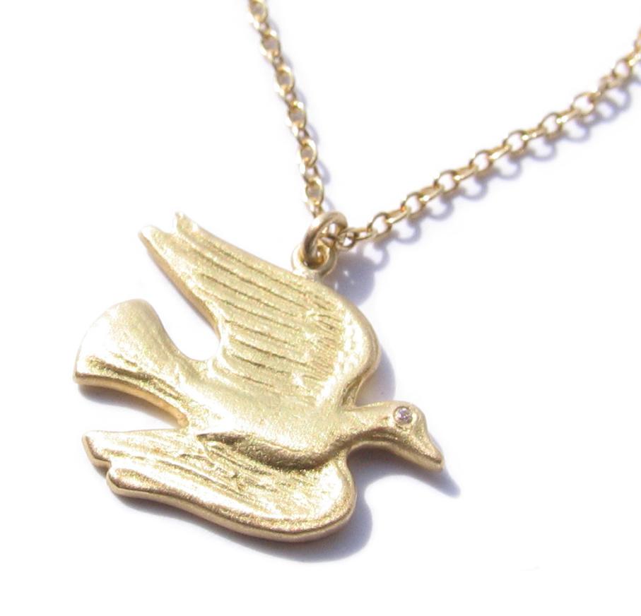 Rose Cut 18K Gold And Diamond Flying Dove Pendant Necklace