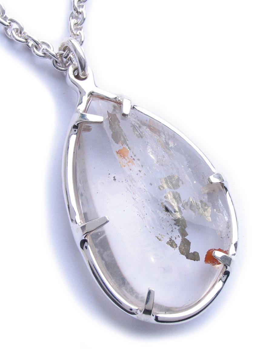 Large Pyrite Quartz Silver Pendant Necklace In New Condition In New York, NY