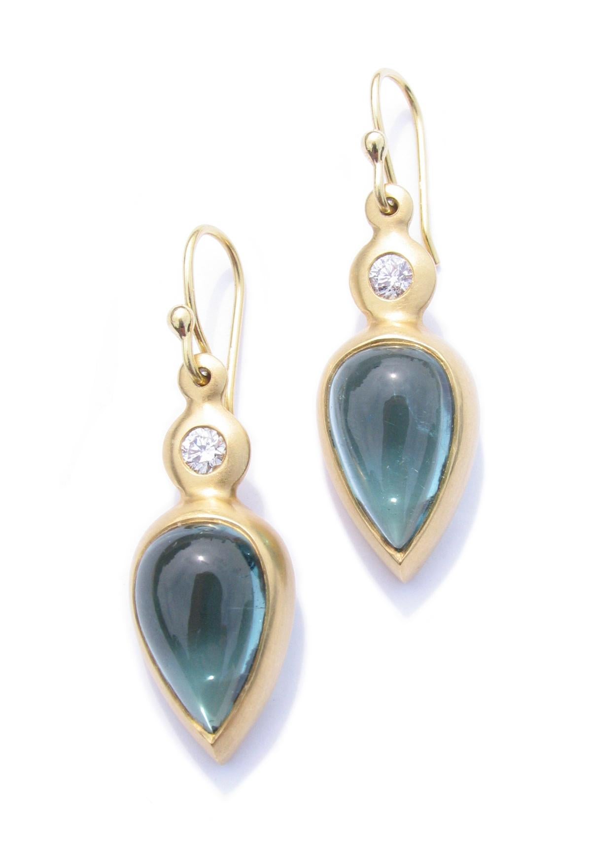  Indicolite Blue Tourmaline Cabochon 18K Gold Earrings In New Condition In New York, NY