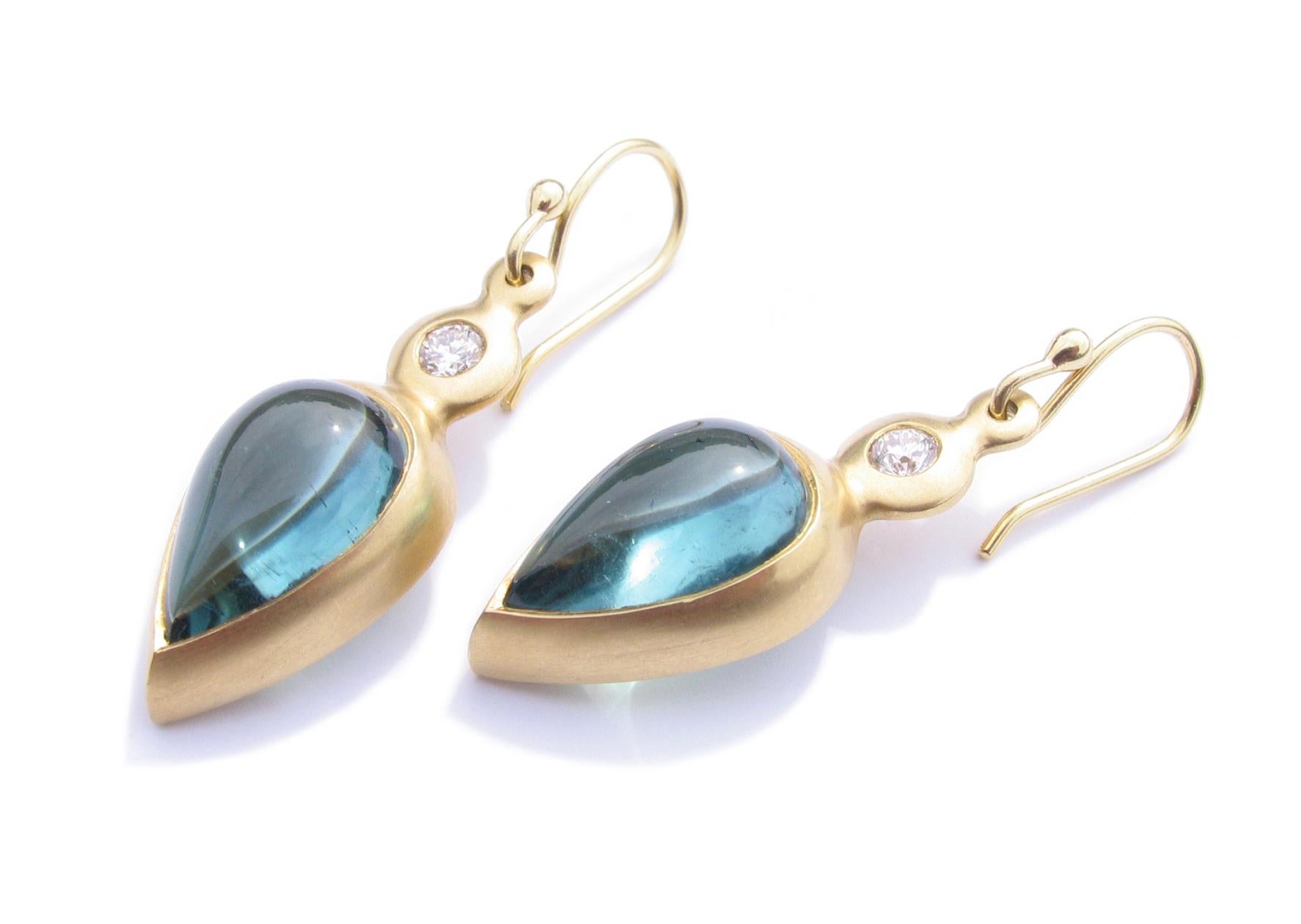 Women's  Indicolite Blue Tourmaline Cabochon 18K Gold Earrings