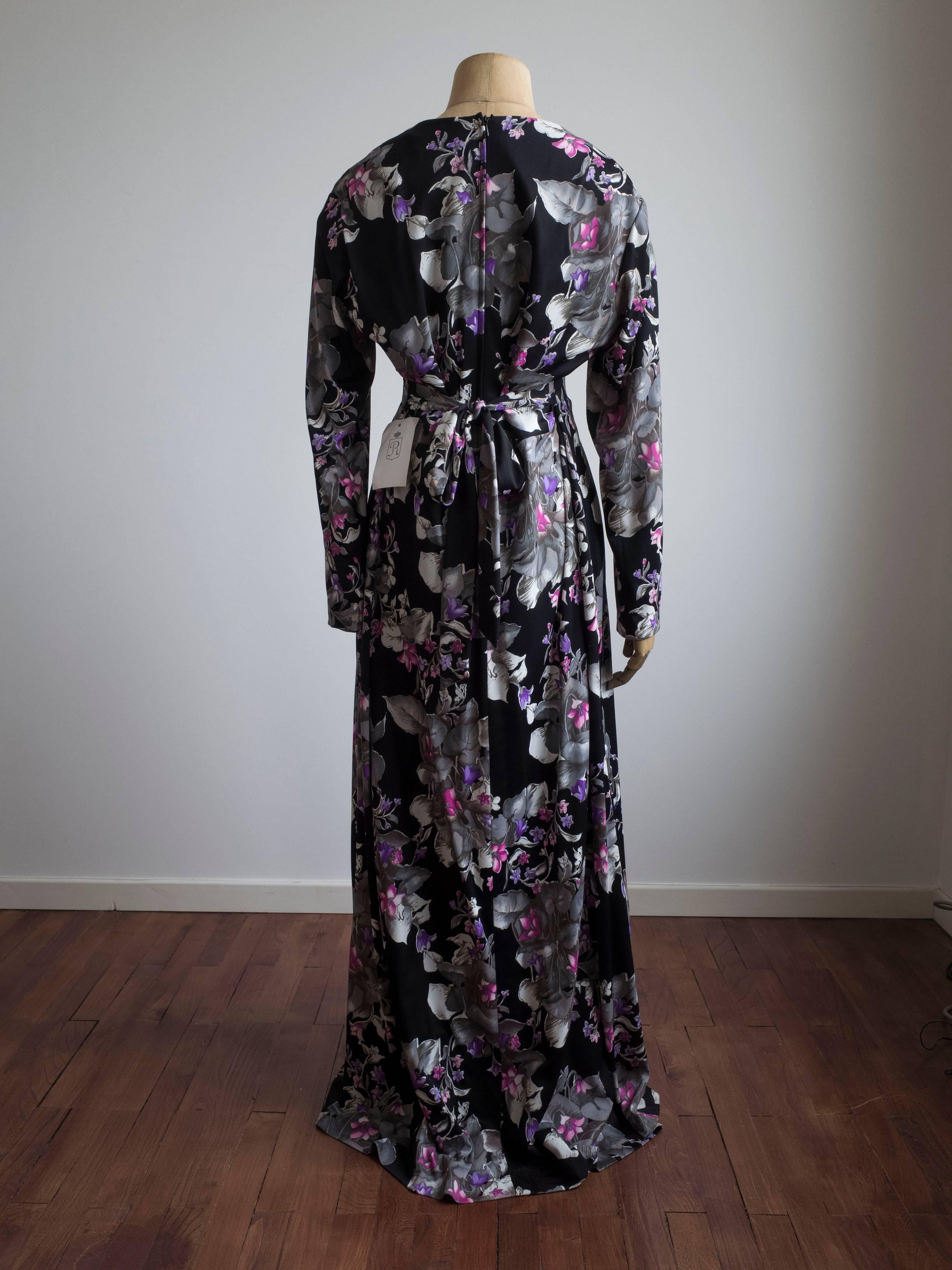 Black 1960s Floral Print Gown For Sale