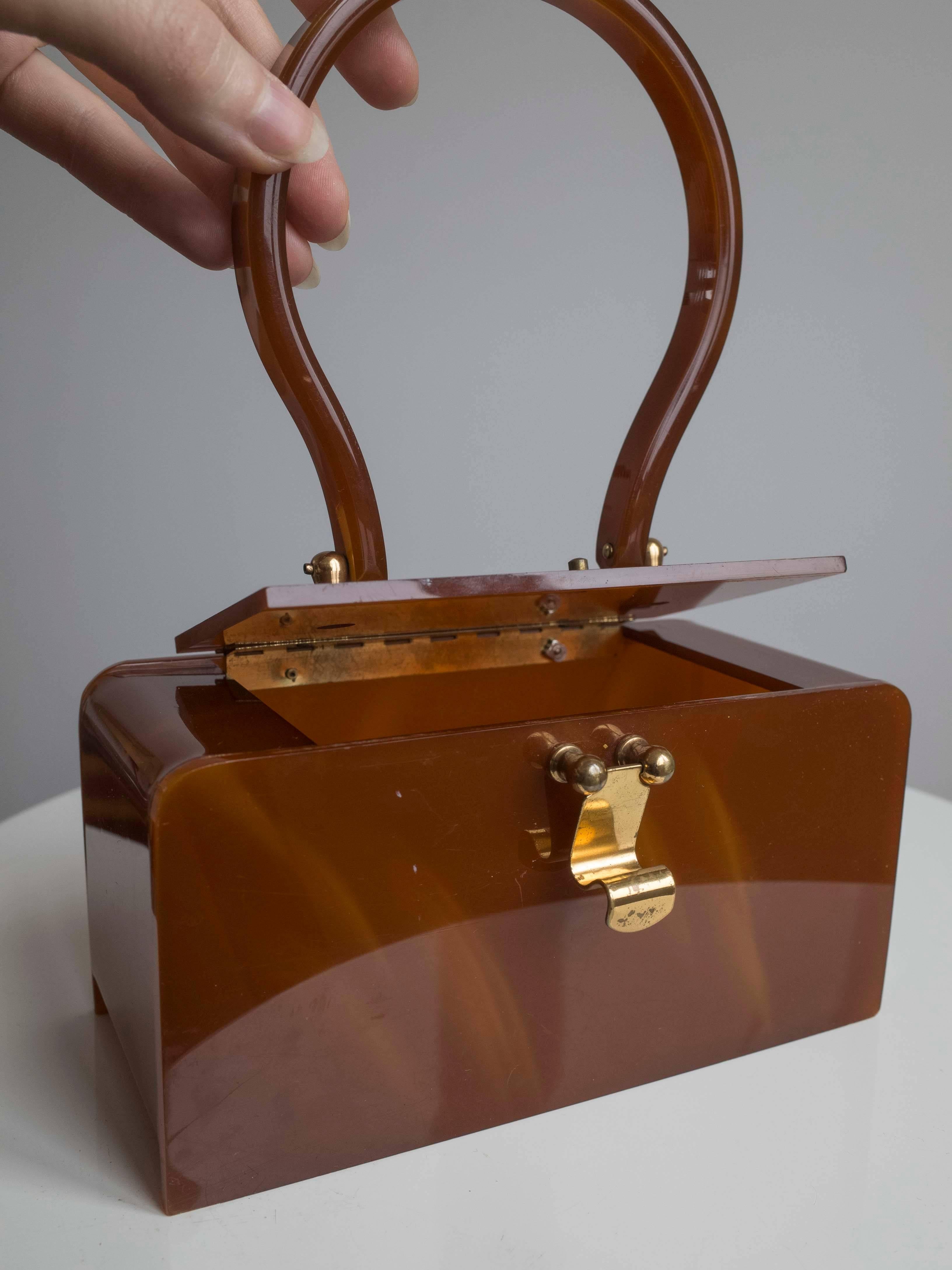 Brown Lucite Vintage Handbag Purse, 1950s For Sale