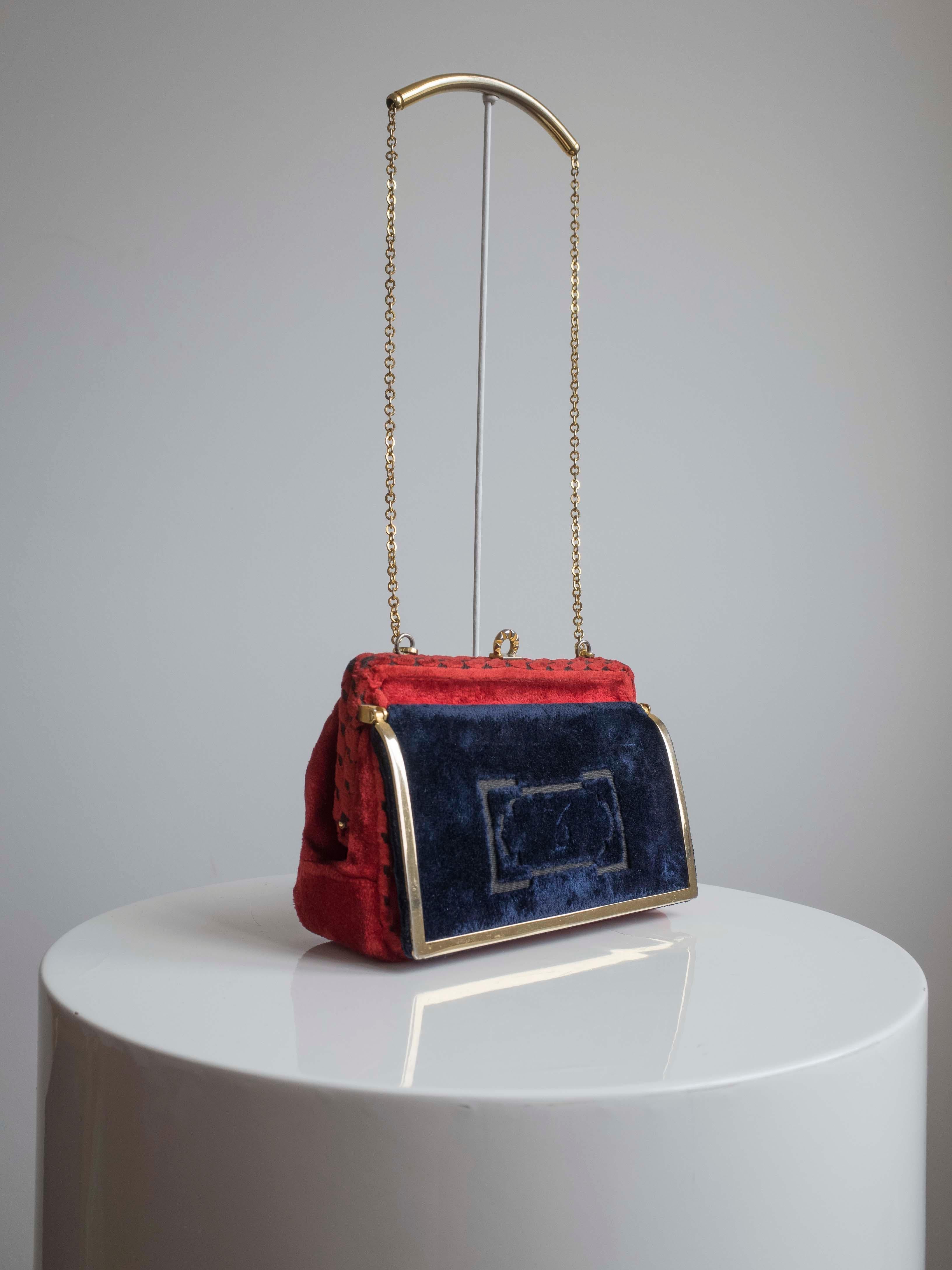 Black Cesare Piccini Vintage Blue and Red Velvet Handbag / Purse, 1960s For Sale